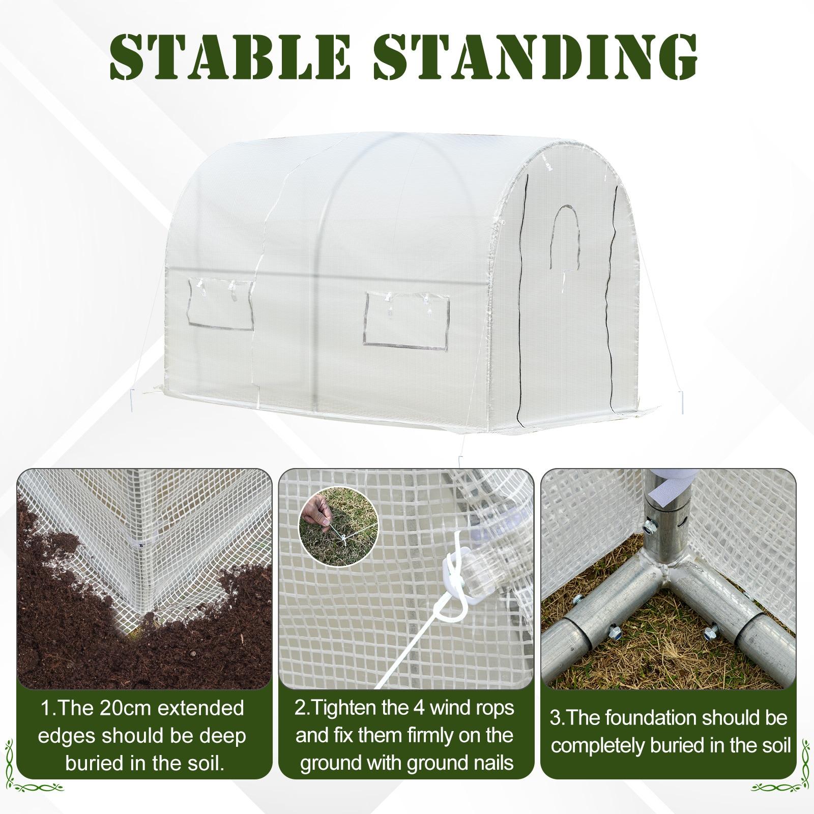 Outsunny 9.6' x 6.5' x 6.2' Walk-In PE Greenhouse with 2 Roll-up Zipper Doors & 6 Roll-up Windows for Plants, White