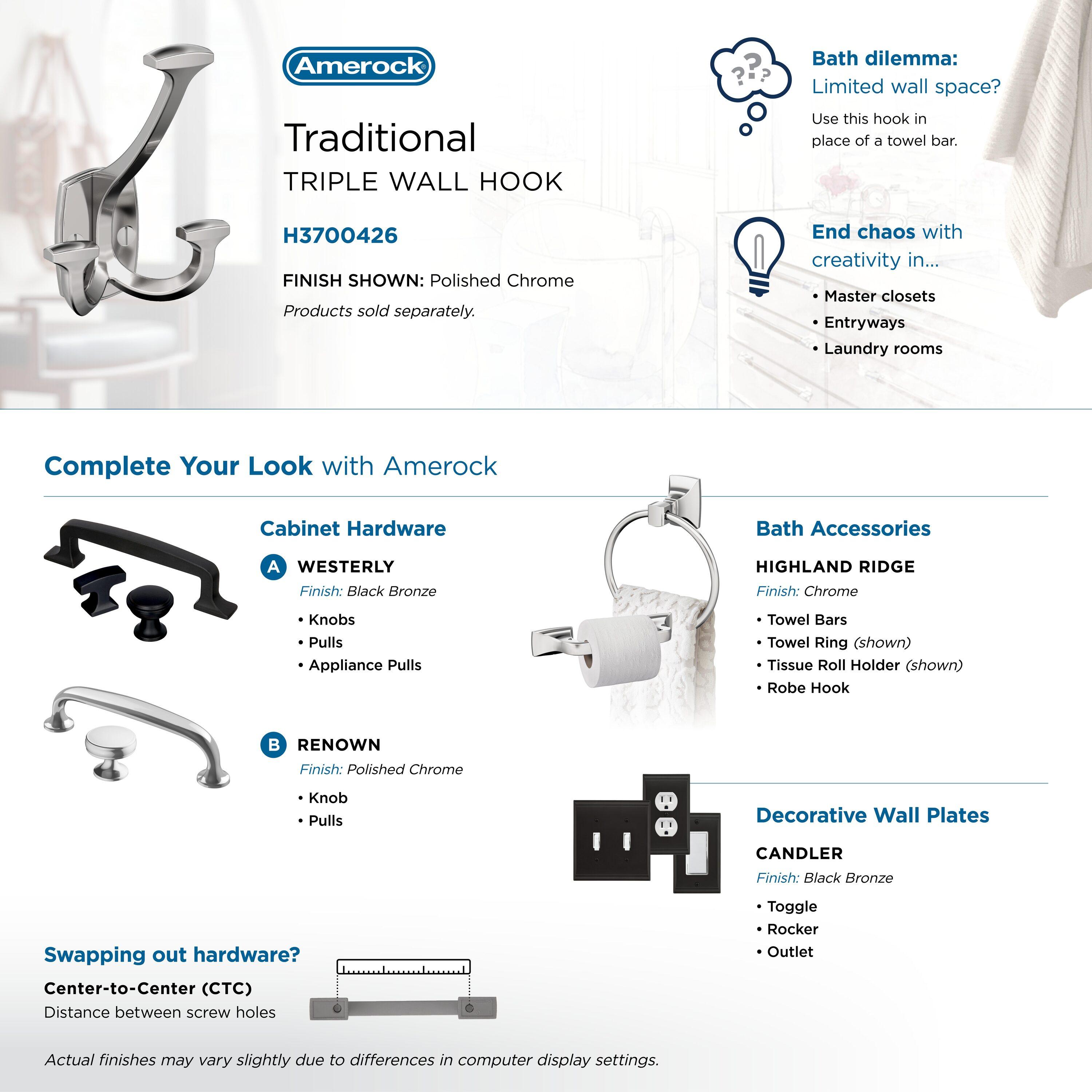 Amerock Vicinity Traditional Triple Prong Polished Chrome Wall Hook