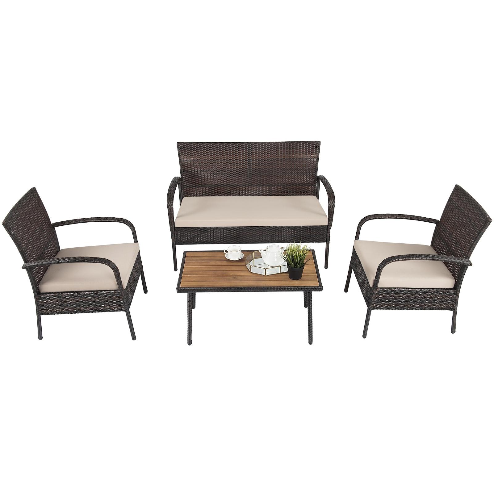Tangkula 4PCS Cushioned Rattan Patio Conversation Set Outdoor Furniture Set