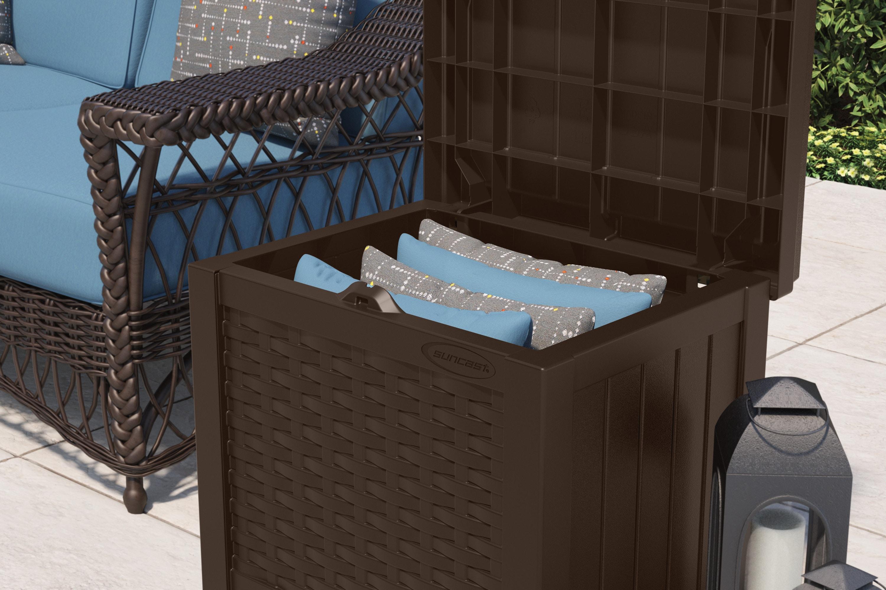 Suncast Suncast Wicker 22 Gallon Water Resistant Resin Deck Box with Storage Seat in Java
