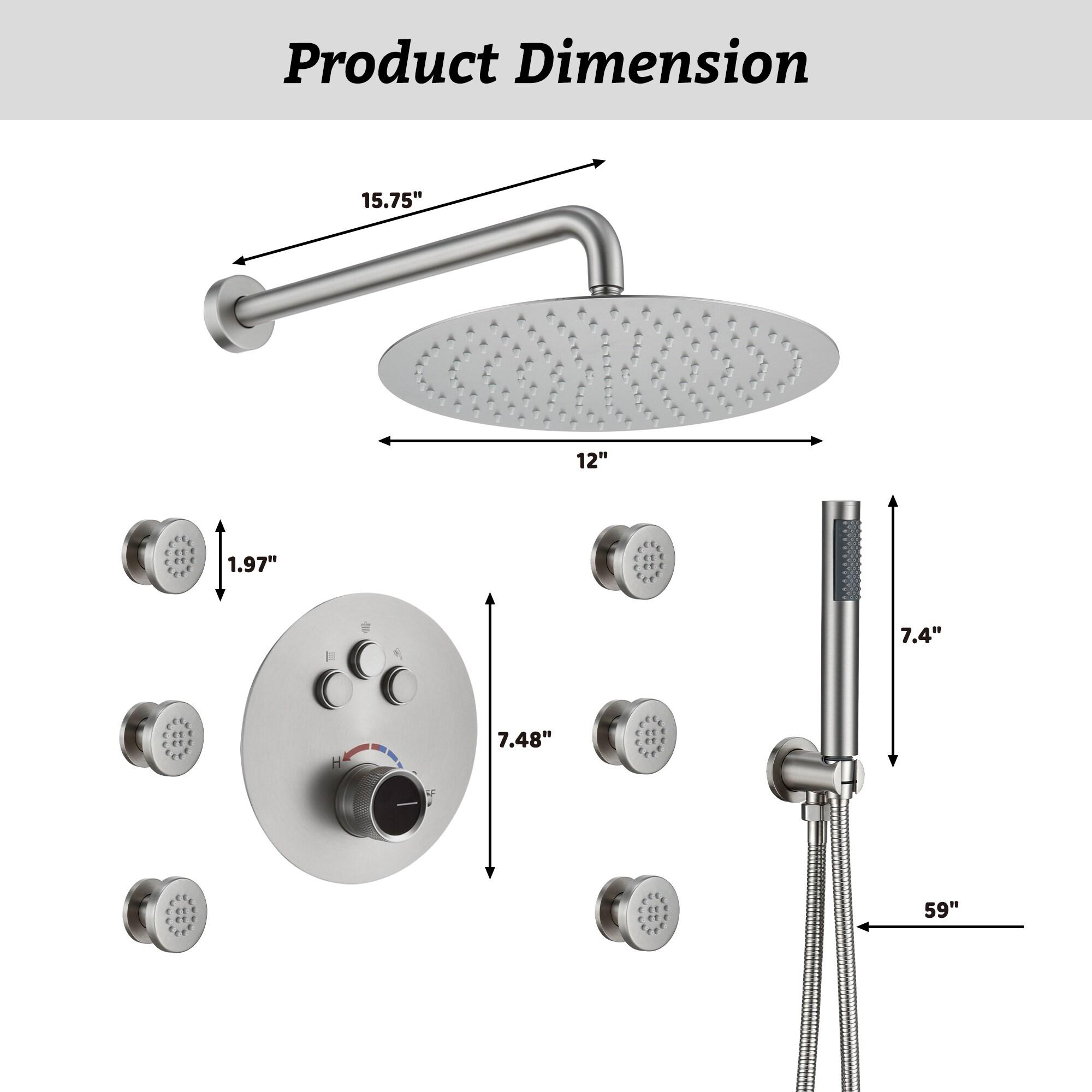 Wall Mounted Thermostatic Complete Rainfall Shower System with 6 Body Jets and Rough-in Valve