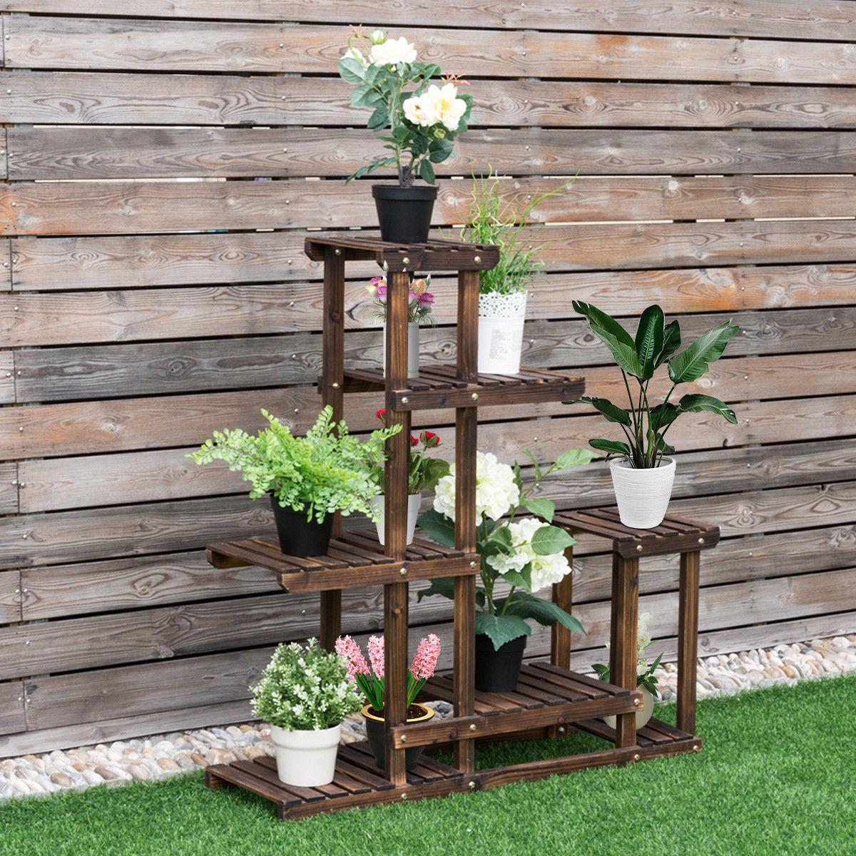 Costway Outdoor Wooden Plant Flower Display Stand 6 Wood Shelf Storage Rack Garden