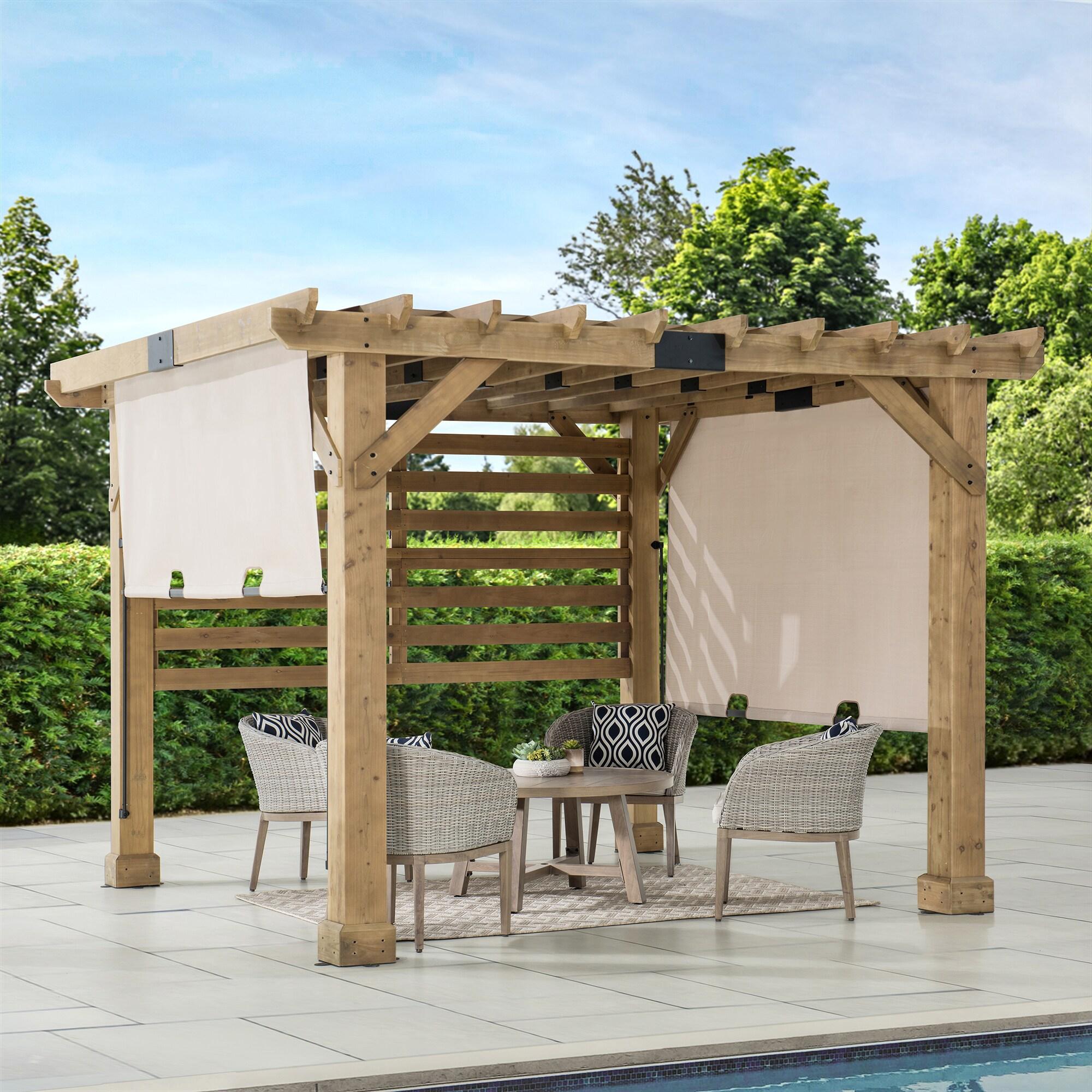 Sunjoy Cedar Pergola 10 x 11 ft. Wooden Hot Tub Pergola with Adjustable Canopy and Privacy Screen