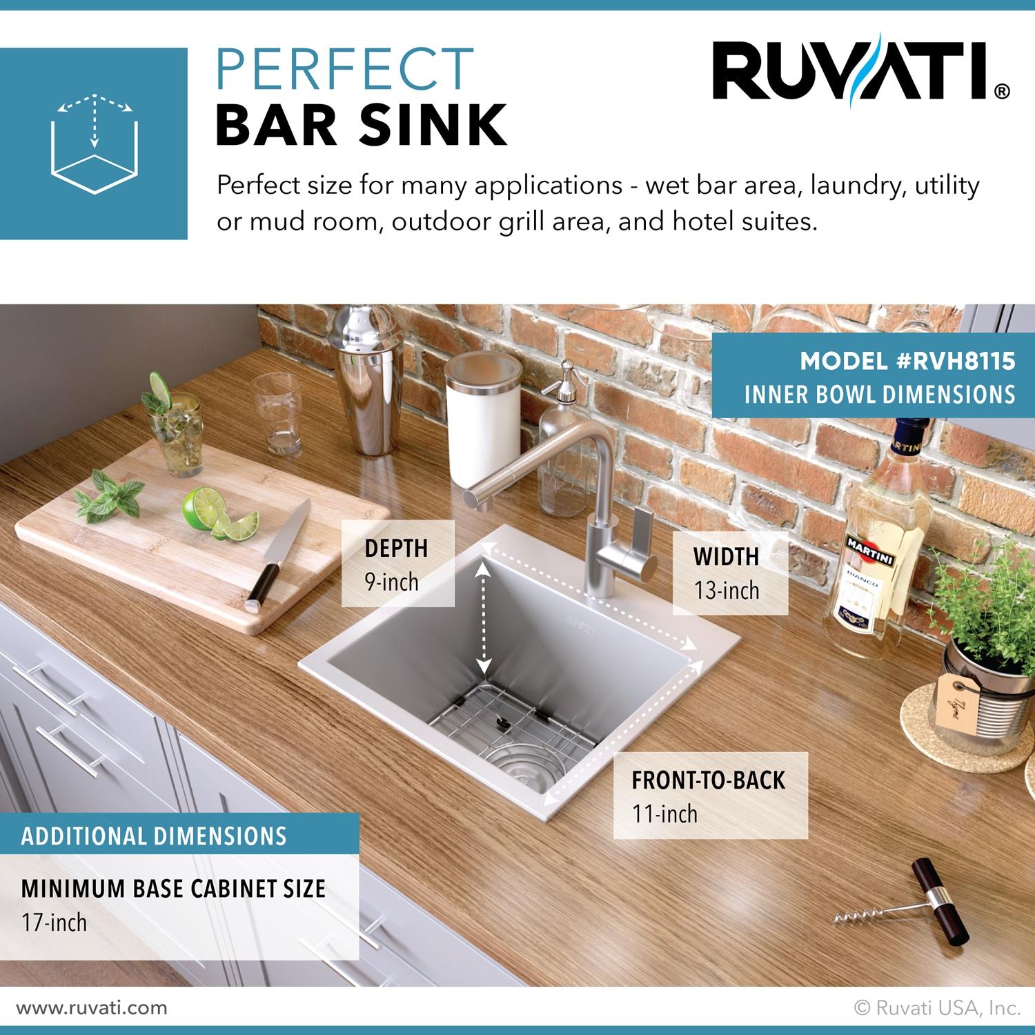 Ruvati Drop-in Topmount Bar Prep Sink 16 Gauge Stainless Steel Single Bowl