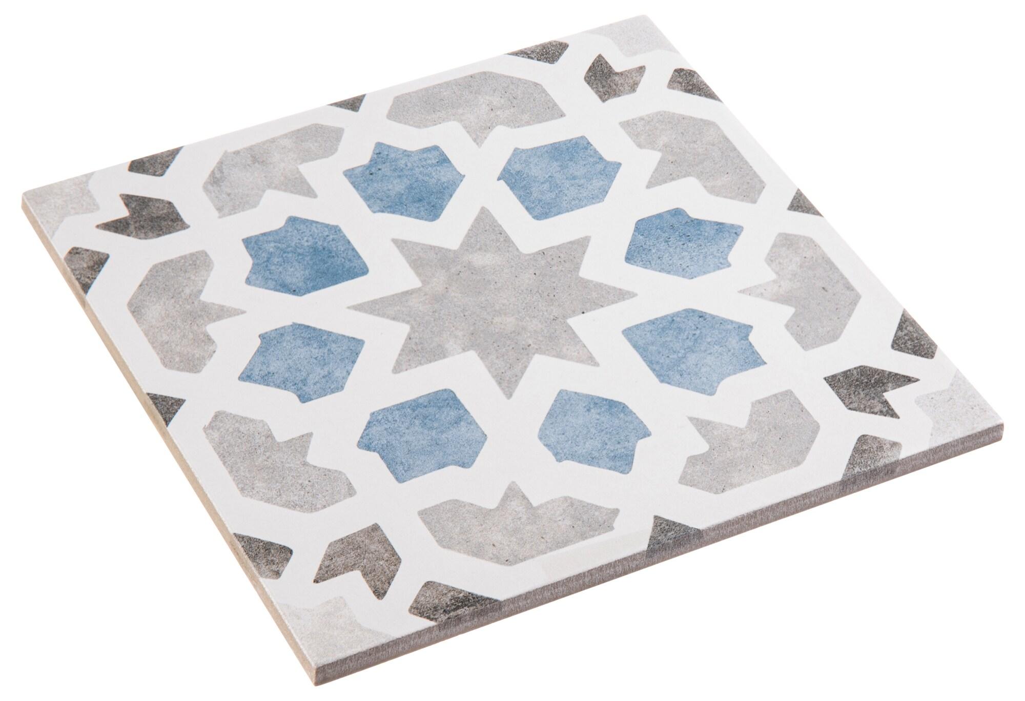 Luv Charmed Black/White/Blue/Gray 8" X 8" Porcelain Encaustic Matte Floor Tile (Sample)