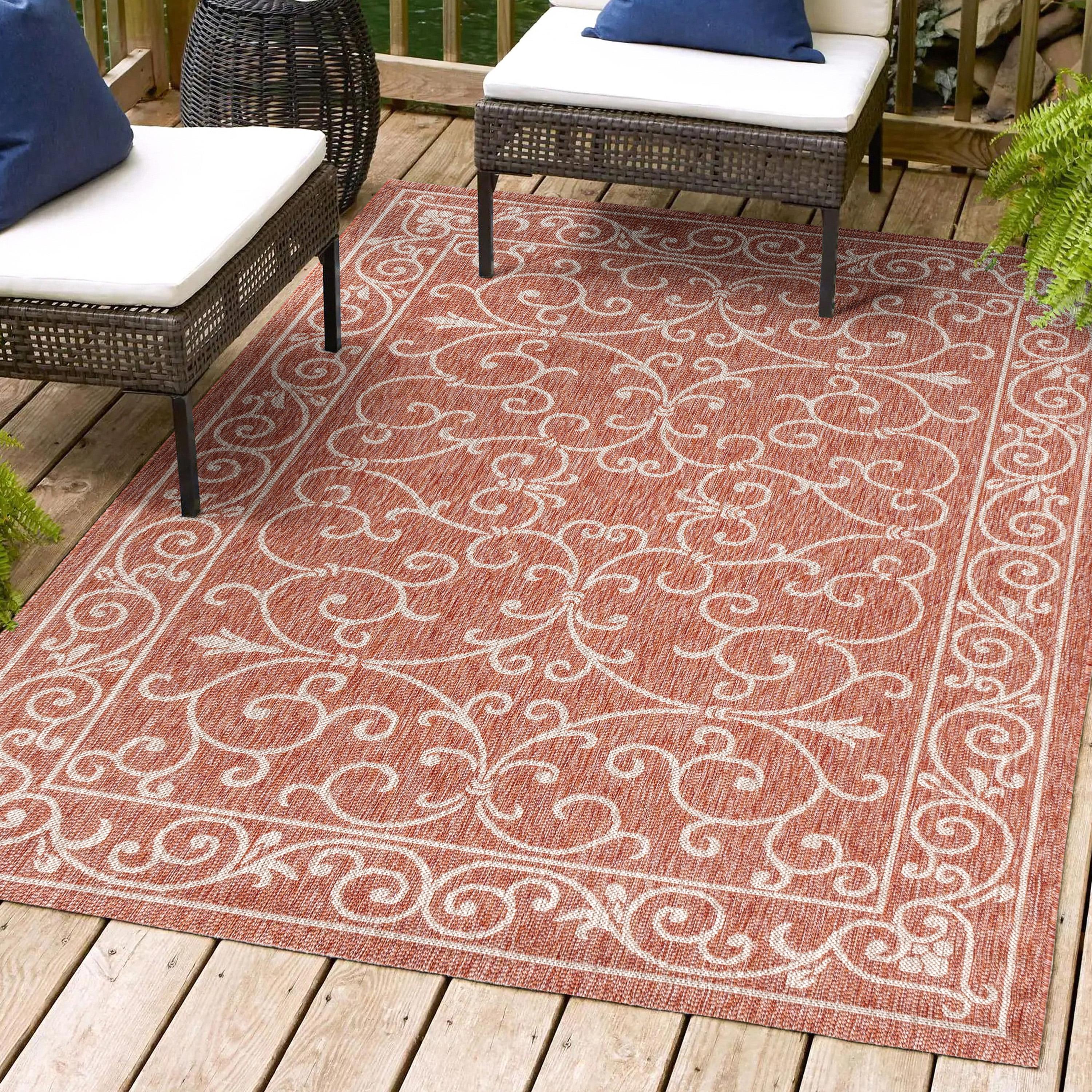 4'x6' Charleston Vintage Filigree Textured Weave Indoor/Outdoor Area Rug, Red/Beige - JONATHAN Y