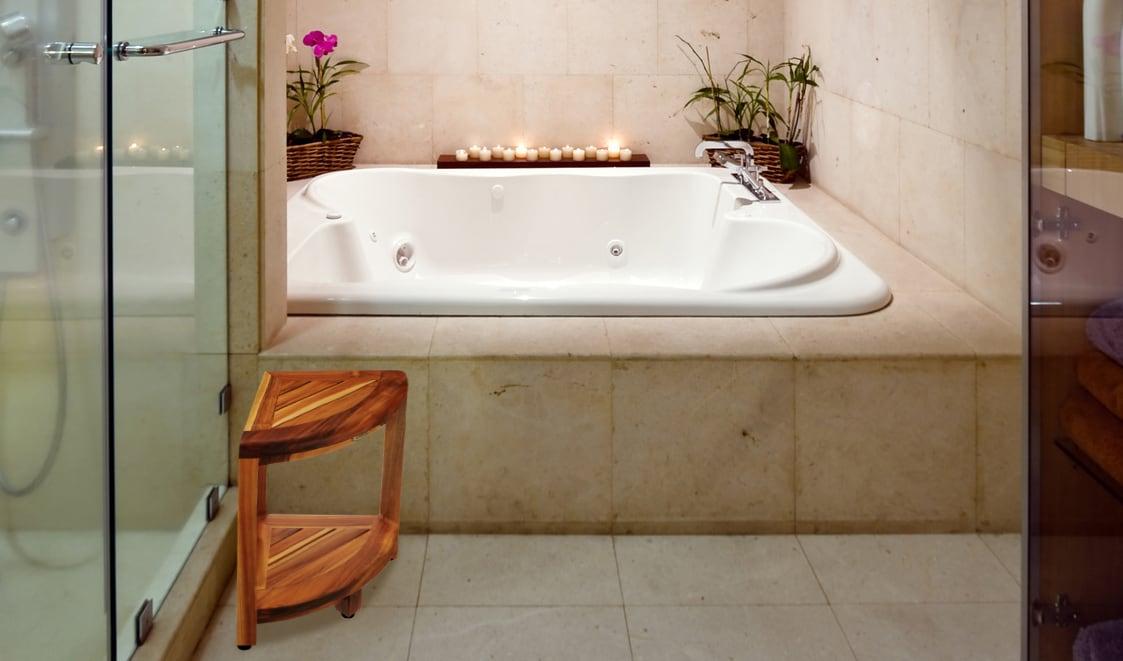 12" SnazzyCorner ED980 Wide Teak Shower Bench with Shelf - EcoDecors