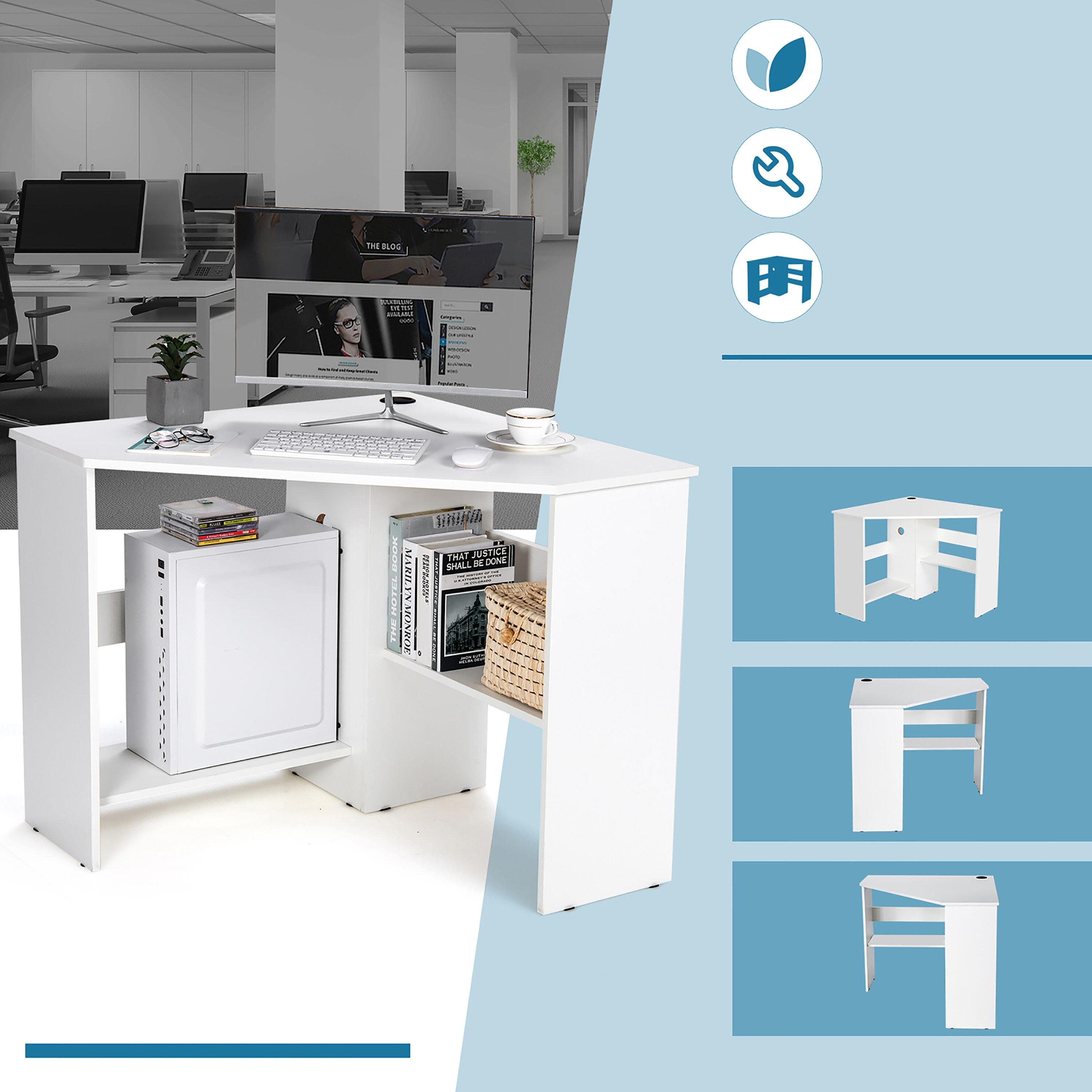 Costway Corner Computer Desk Triangle Writing Workstation w/ Storage Shelf White