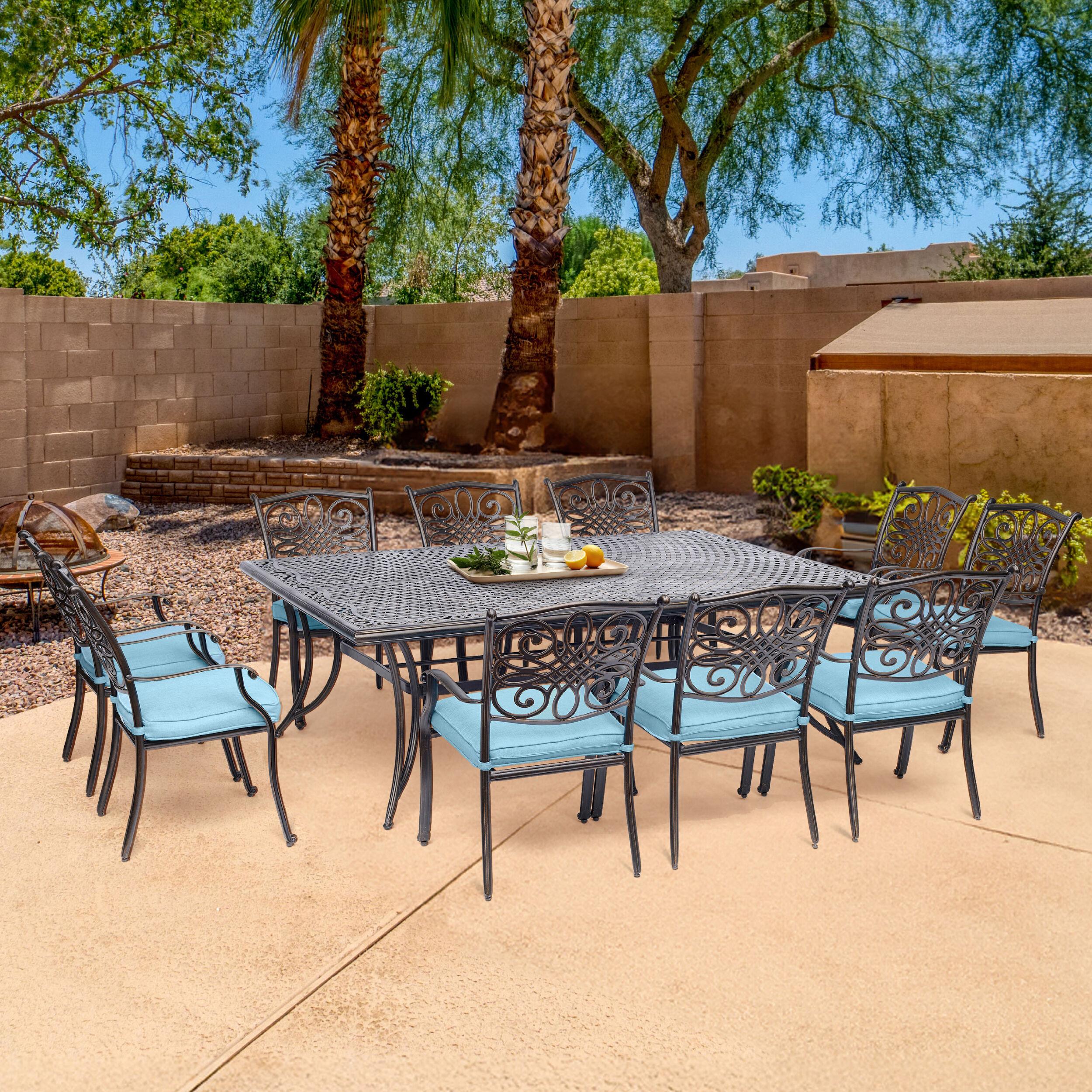 Hanover Traditions Elegant Bronze 11-Piece Outdoor Dining Set with Blue Cushions