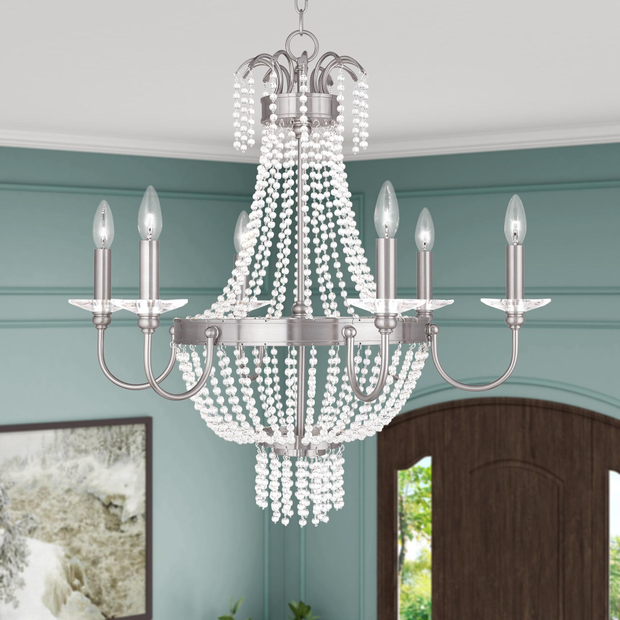 Brushed Nickel and Clear Crystal 6-Light Candelabra Chandelier