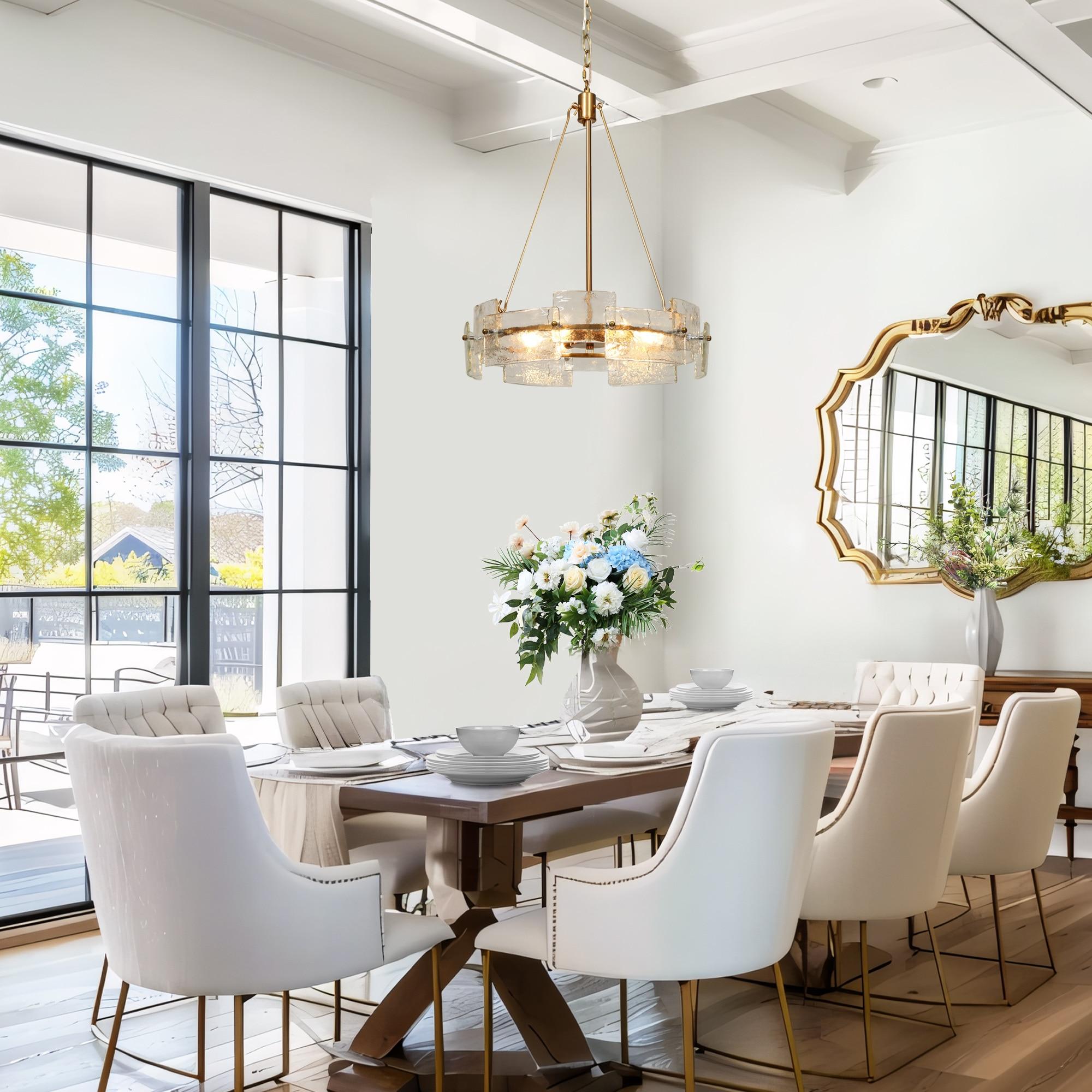 Modern Glam Gold 6-Light Drum Chandelier Textured Glass Pendant Light for Dining Room - D 20.5" x H 24"