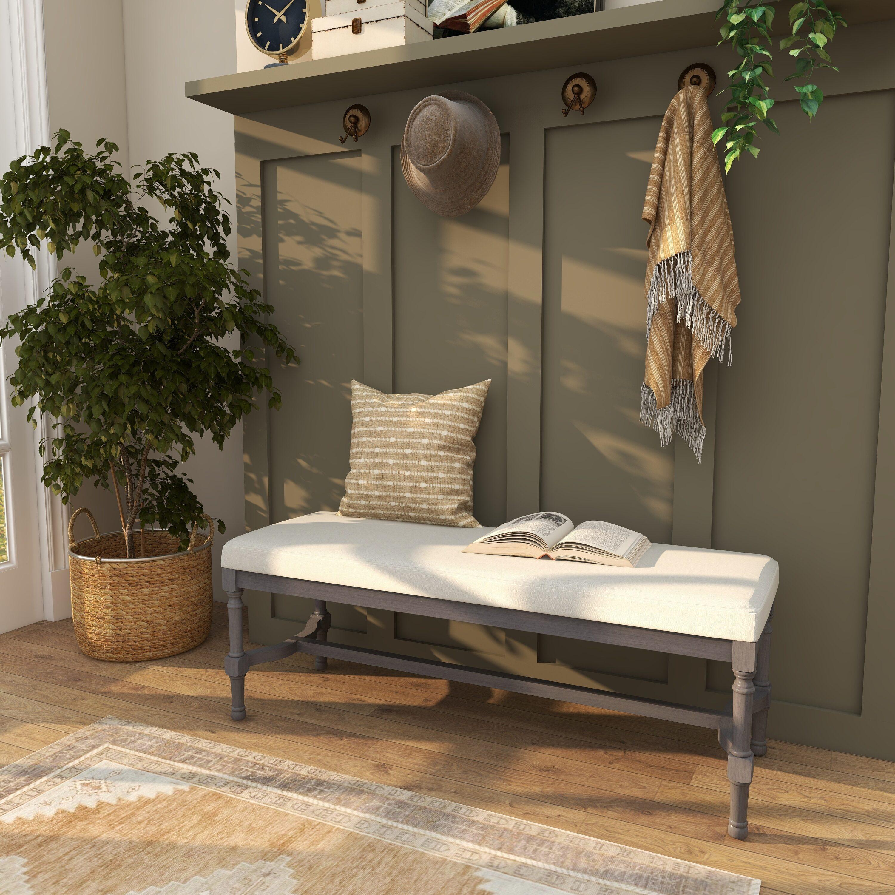 DecMode Wood Bench with Burlap Seat, Gray