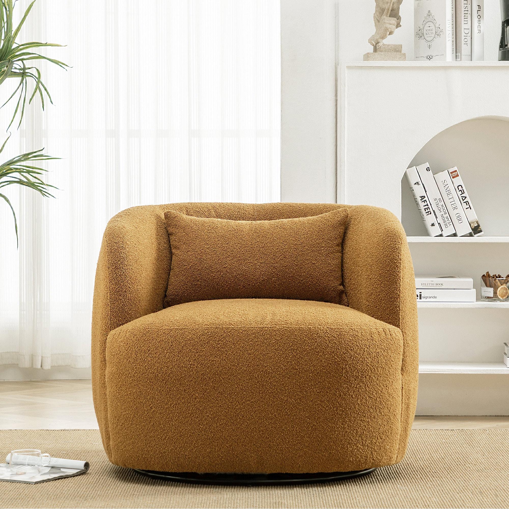 34" Wide Boucle Swivel Barrel Chair, No Assembly Round Upholstered Armchair Accent Chair Single Sofa Chair with Toss Pillow for Living Room and Bedroom, Brown