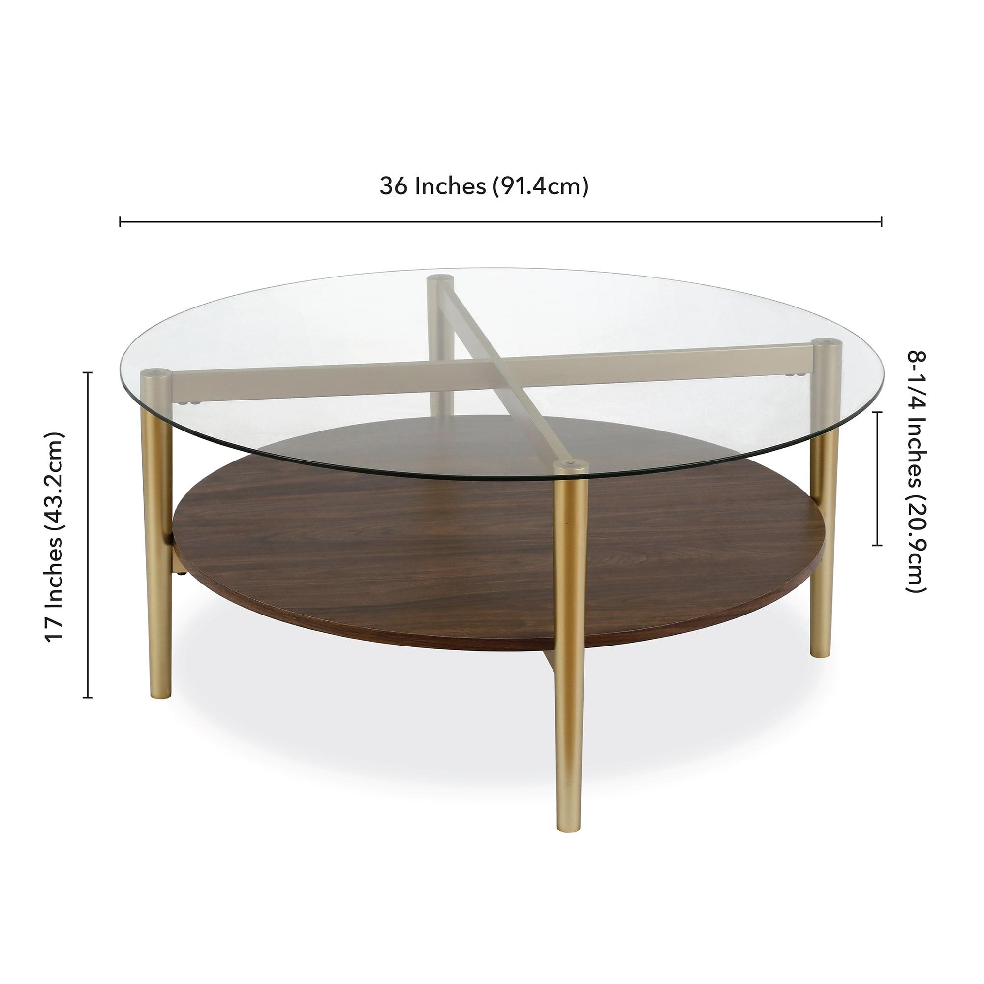 Evelyn&Zoe Otto 36" Wide Round Coffee Table with MDF Shelf, Gold/Walnut