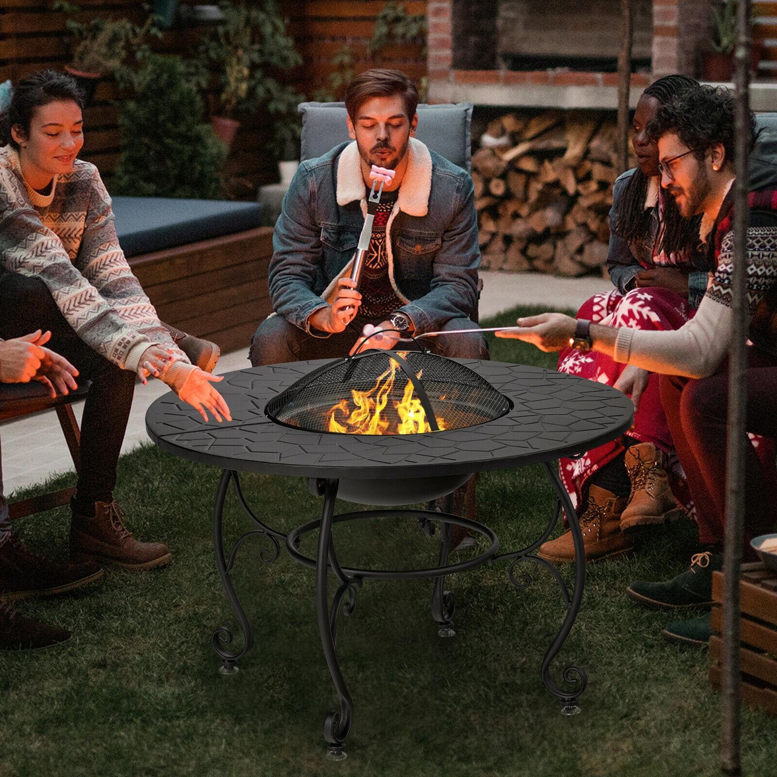 Costway 35.5'' Patio Fire Pit Dining Table Charcoal Wood Burning W/ Cooking BBQ Grate