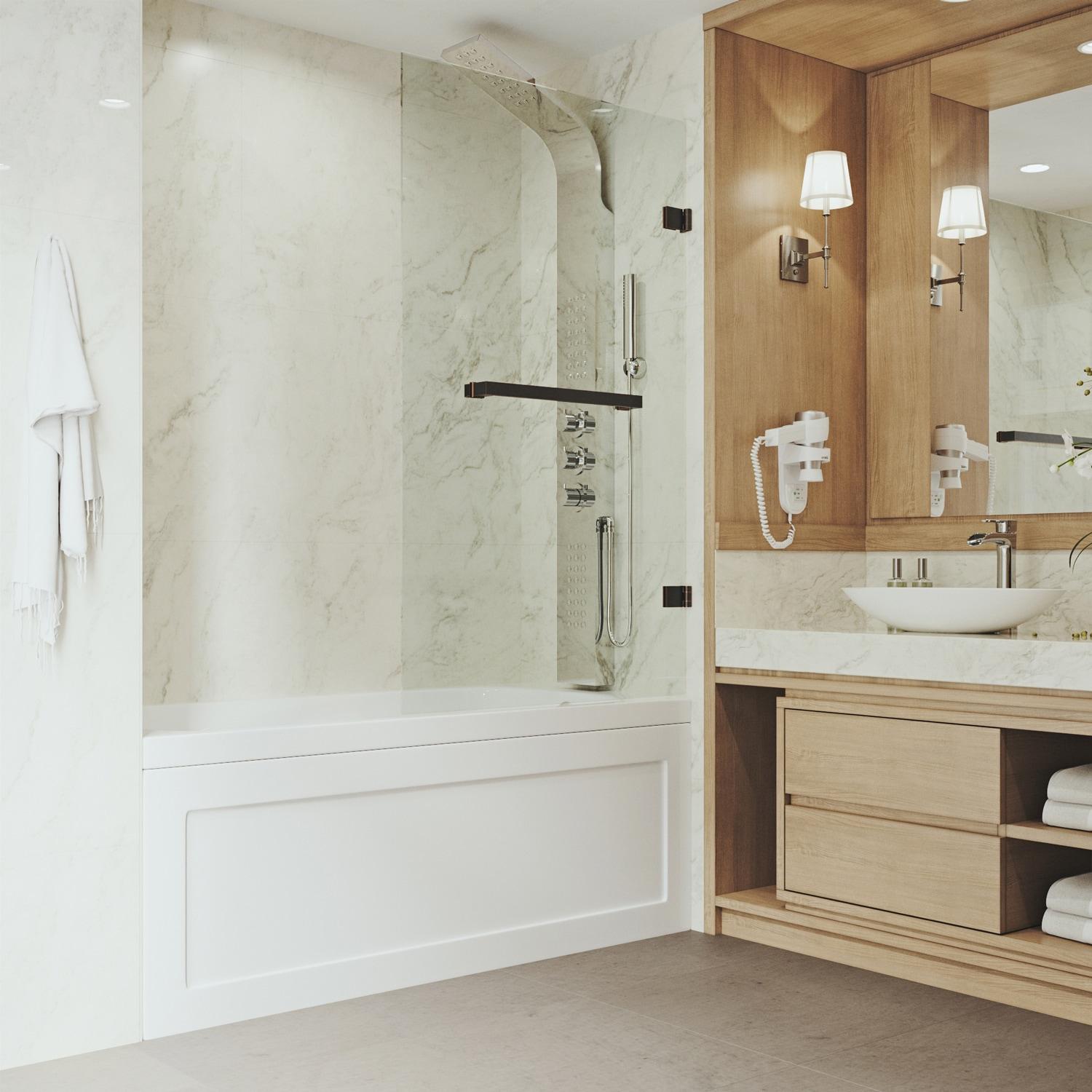 Rialto 34" W x 58" H Hinged Frameless Tub Door with with 5/16" Glass