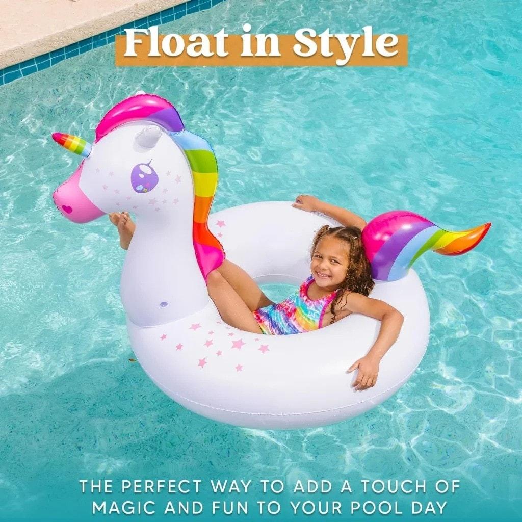 Joyfy 2 Packs Pool Floats Tube, Inflatable Unicorn Flamingo Pool Toys Floaties with Headrest, Pool Swim Ring for Kids Adults Beach Lake Summer Fun