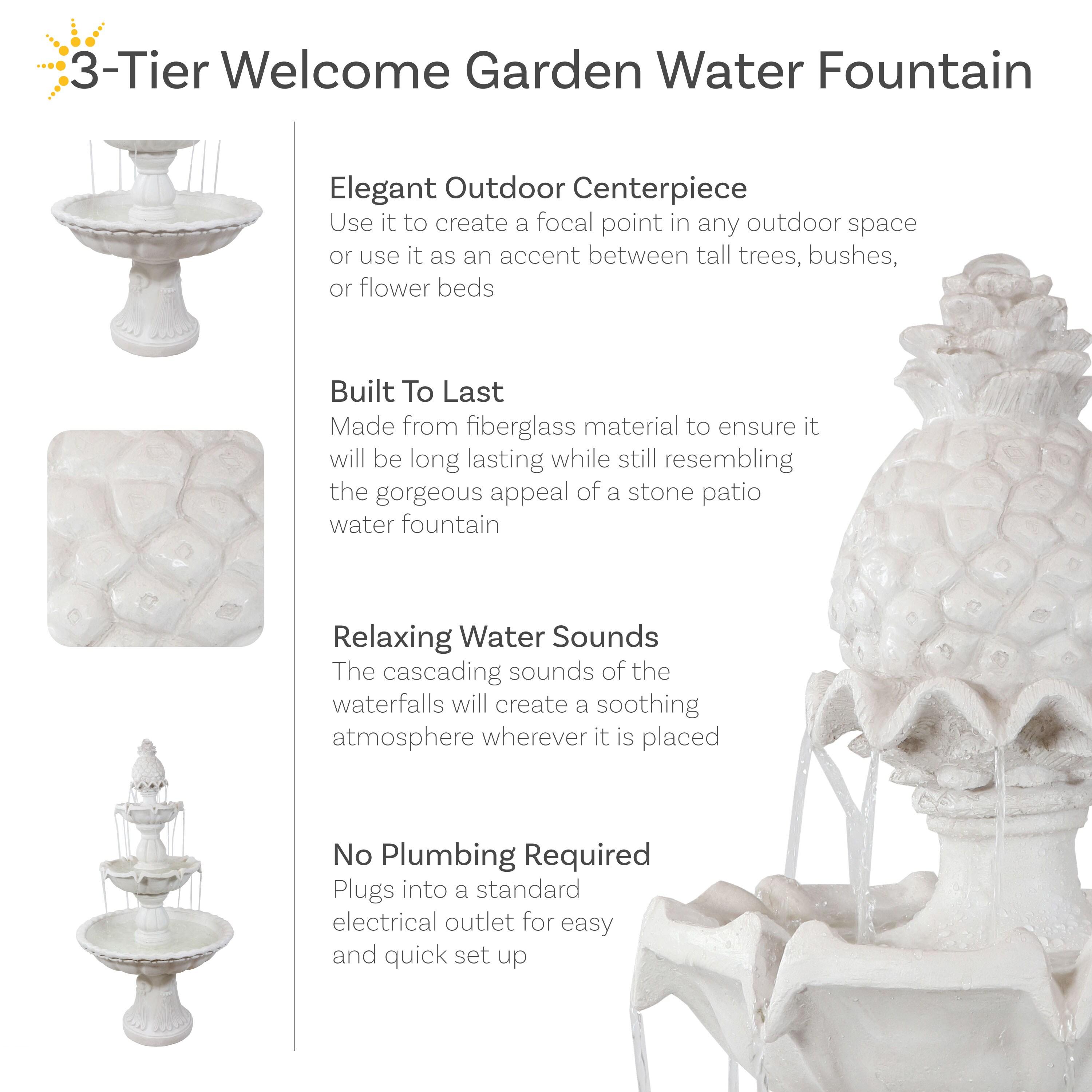 Sunnydaze Electric Fiberglass 3-Tier Welcome Pineapple Top Outdoor Water Fountain - 57" - White