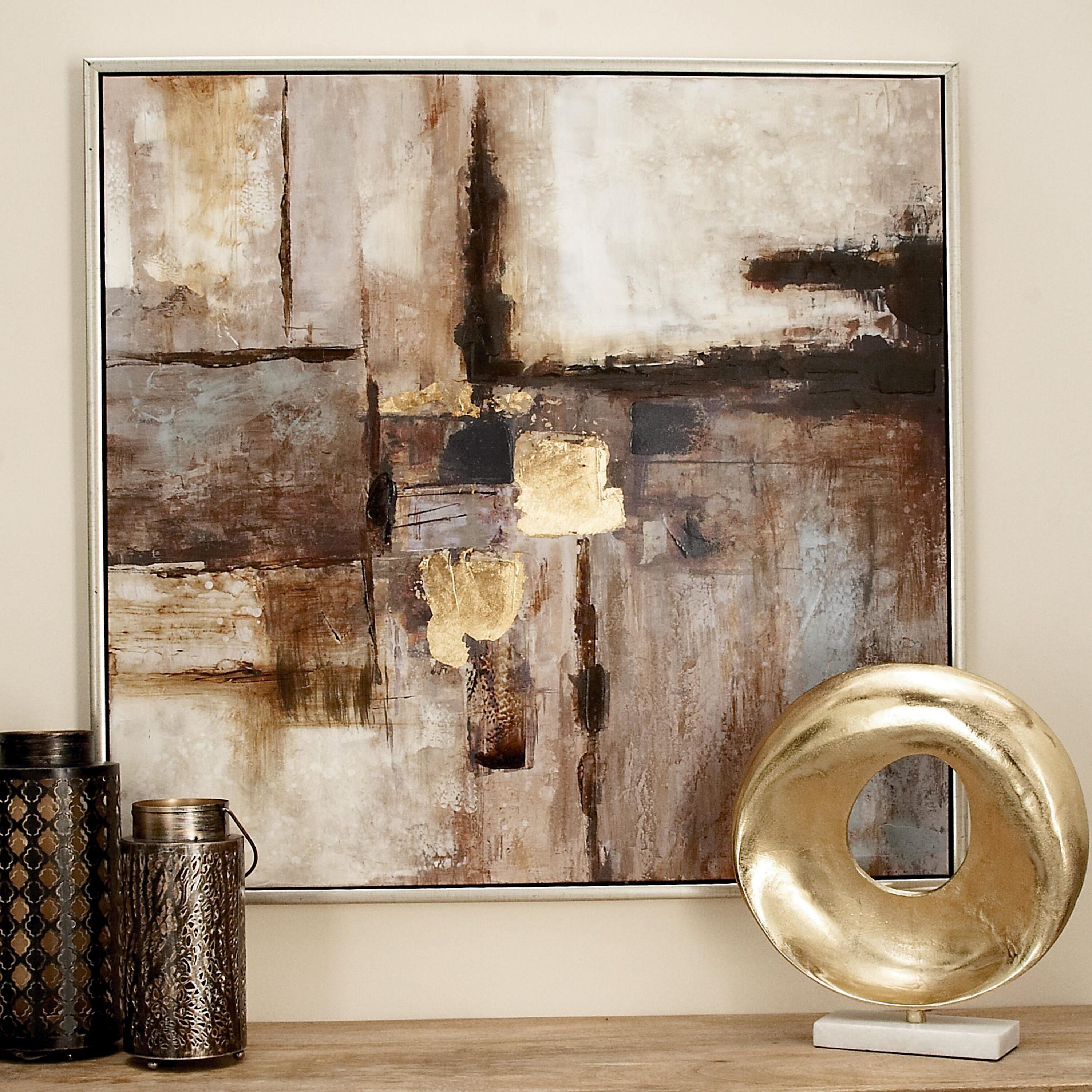 Oversized Brown and Tan Abstract Canvas Wall Art with Silver Frame