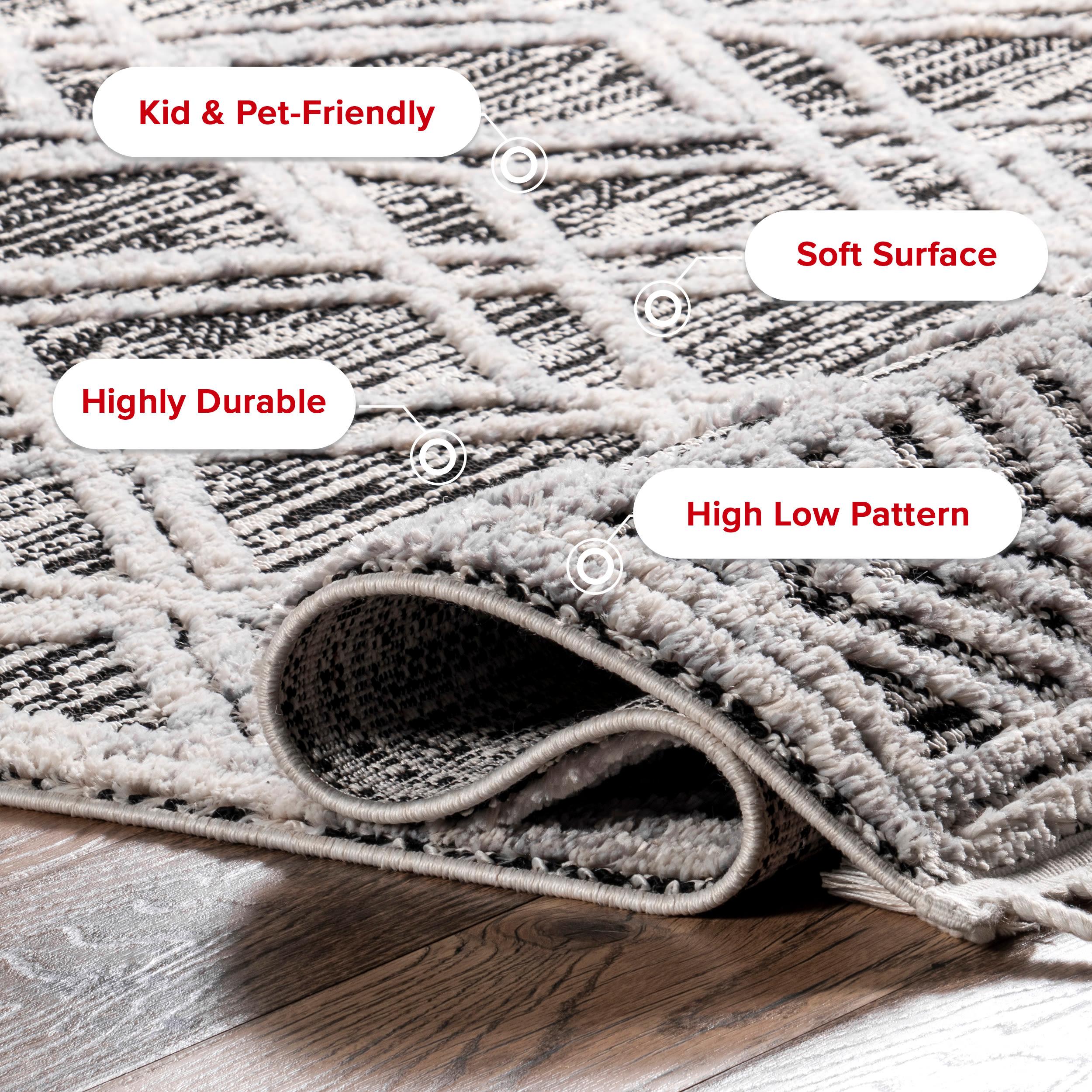 Nuloom 4x6 Ansley Moroccan Tassel Indoor Area Rug, Grey, High-Low Textured Bohemian Design, Plush High Pile, Stain Resistant, Bedroom, Living Room