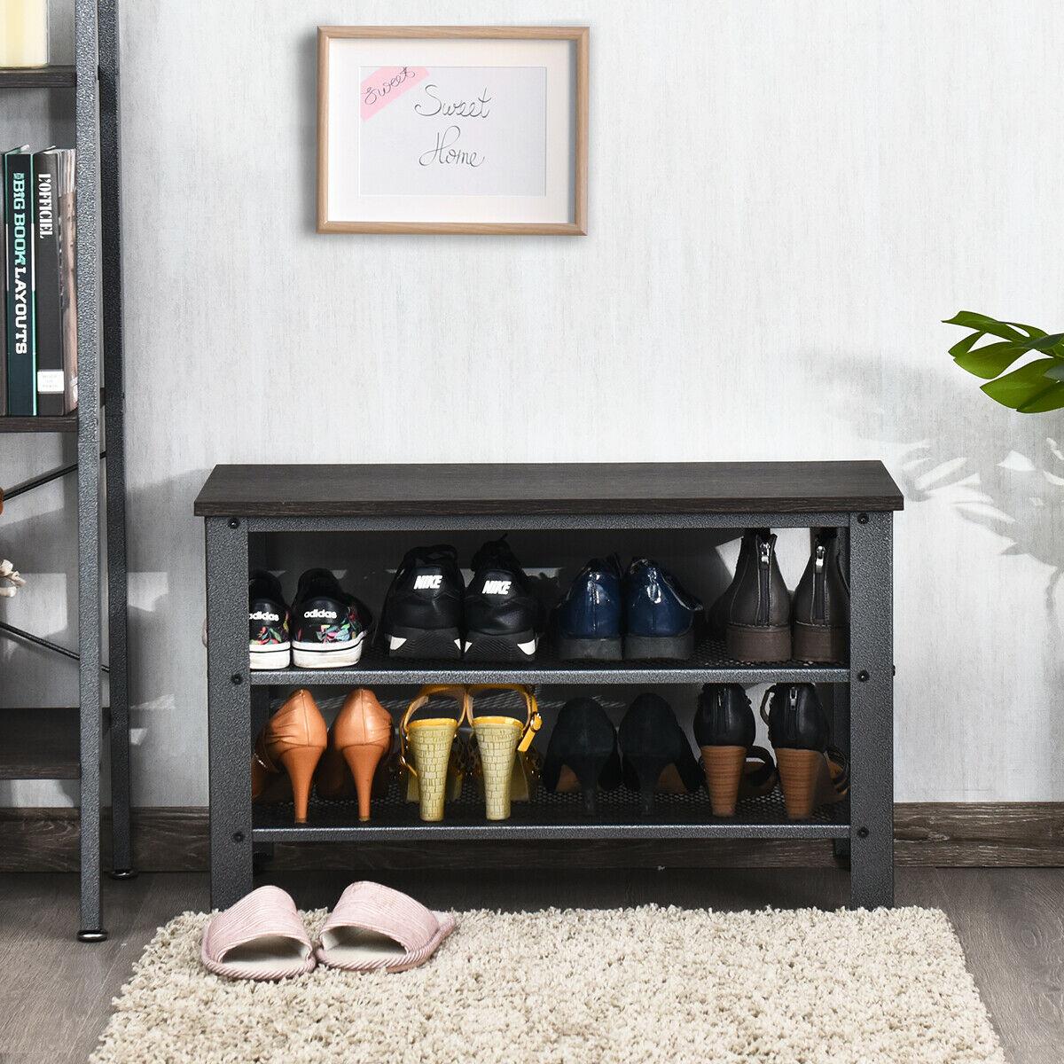 Tangkula 3-Tier Industrial Shoe Rack Entryway Bench with Mesh Storage Shelf