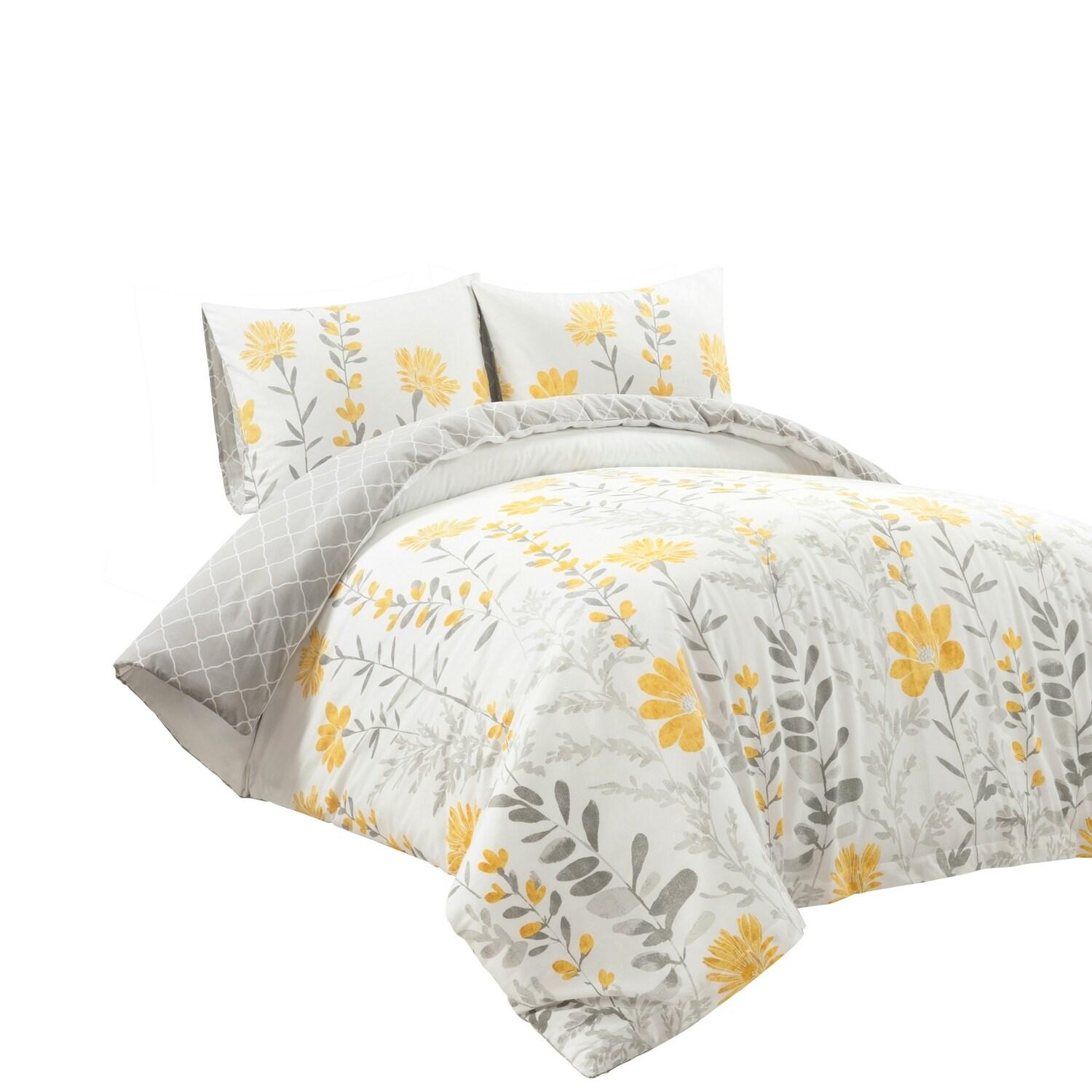 Yellow/Gray Standard Cotton Reversible 3 Piece Duvet Cover Set