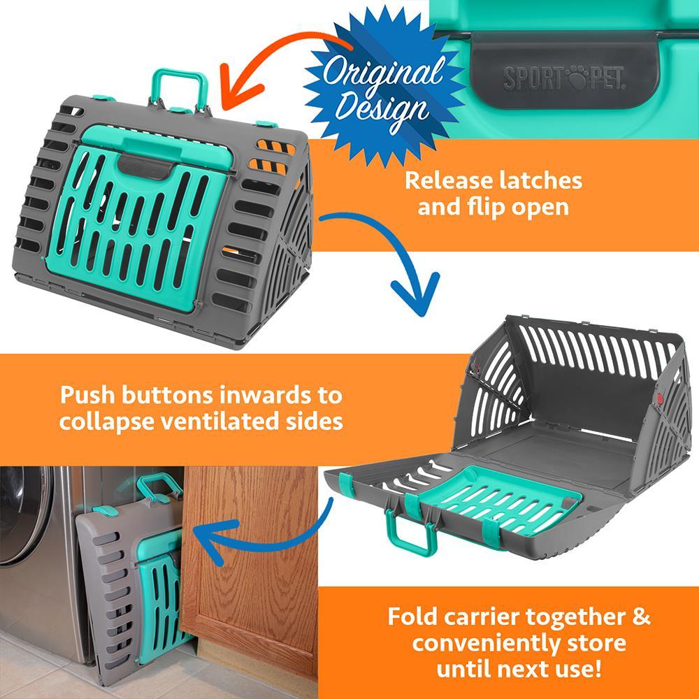 Sport Pet Designs, Foldable Plastic Travel Cat Carrier, Waterproof Bed included, 35 lb Limit, Gray
