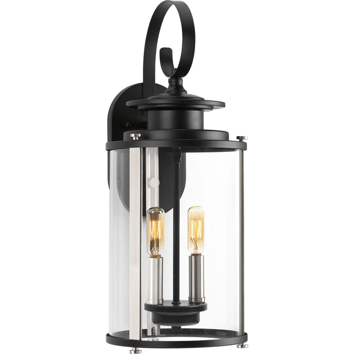 Progress Lighting, Squire Collection, 2-Light Medium Wall Lantern, Black Finish, Clear Glass Shade