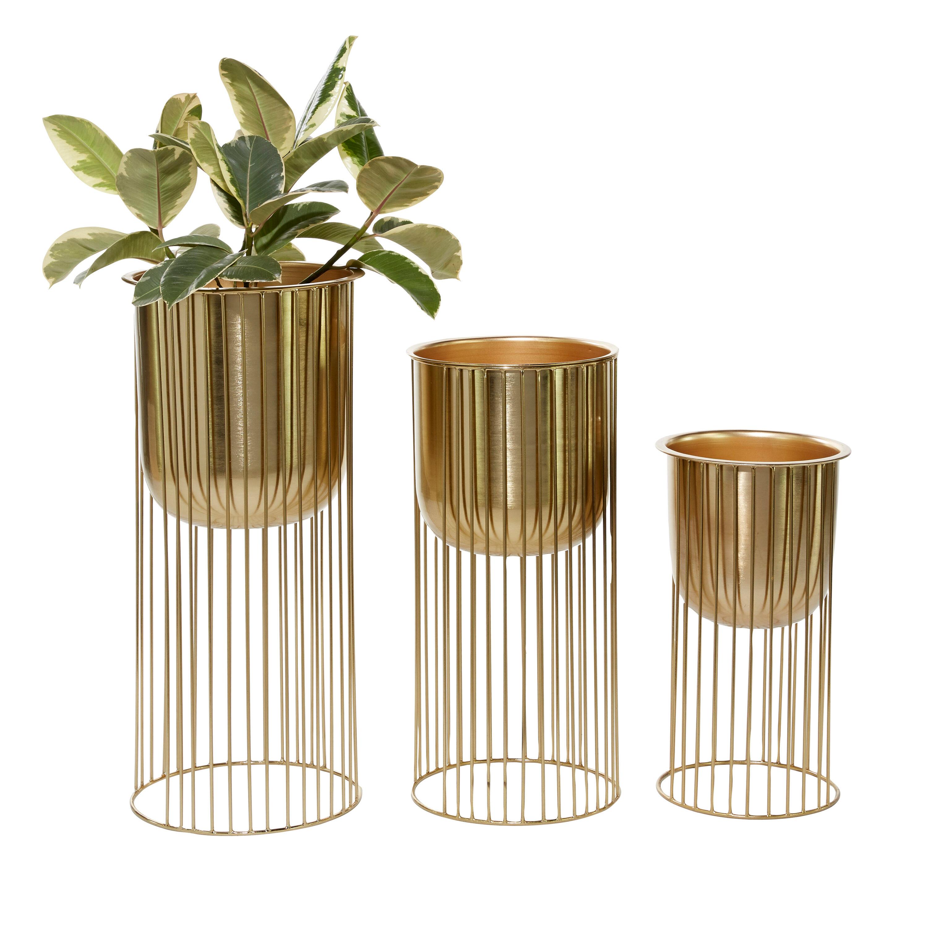 DecMode 24", 20", 16"H Deep Recessed Dome Gold Metal Planter with Elevated Caged Stand (3 Count)