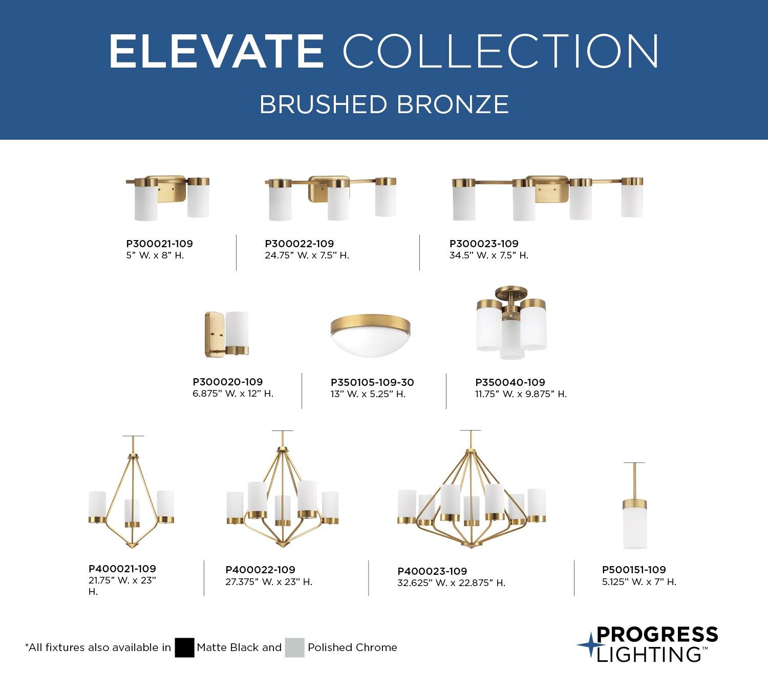 Progress Lighting Elevate 2-Light Bath in Brushed Bronze, Etched White Glass Shade, Steel Collection