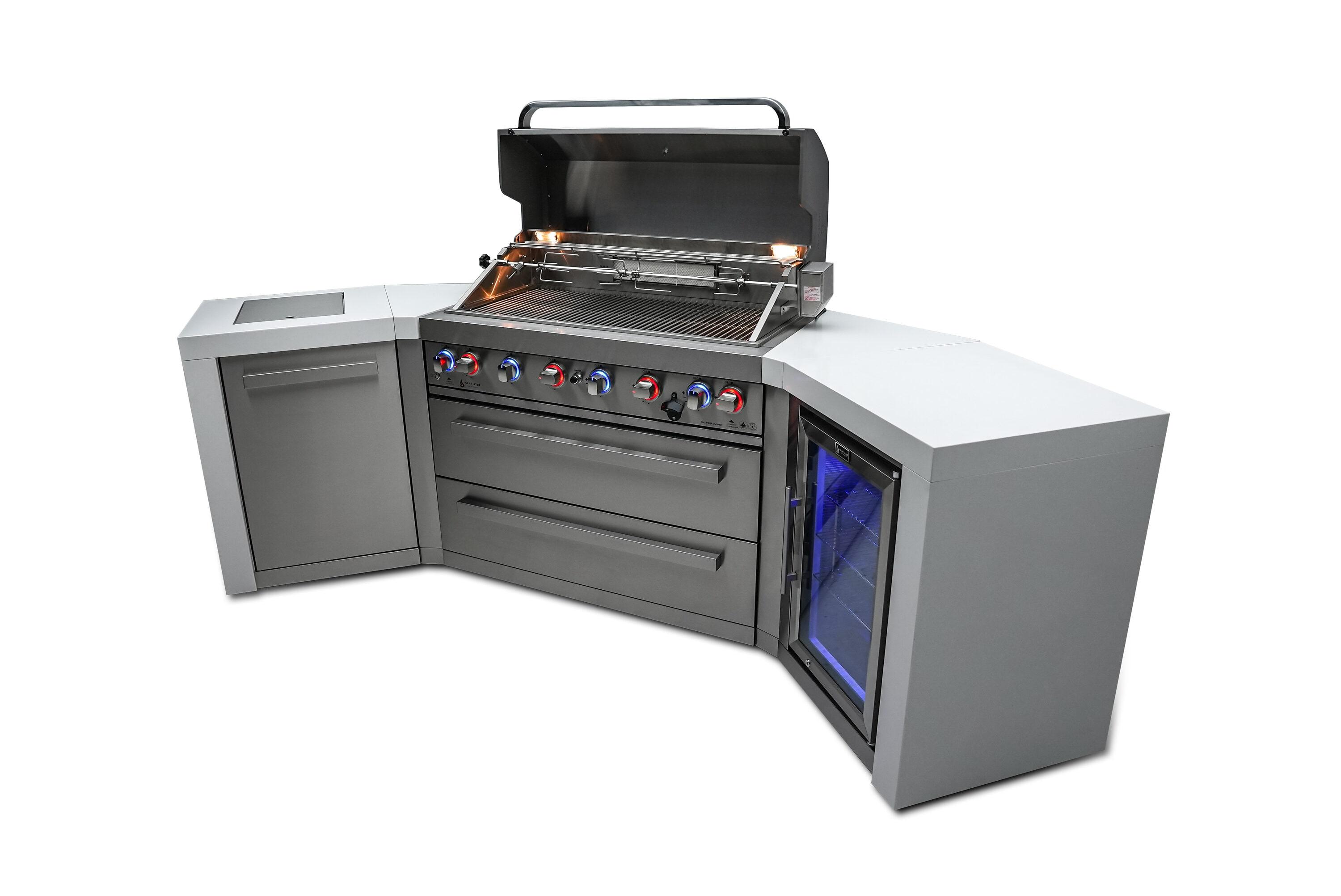 Mont Alpi 805 6-Burner 115000 BTU MAi805-D45FC U-shaped Stainless Steel Deluxe Modular Outdoor Kitchen BBQ Island Grill + Fridge Cabinet - 2 Infrared Burners, White Granite Countertops, Rotisserie Kit