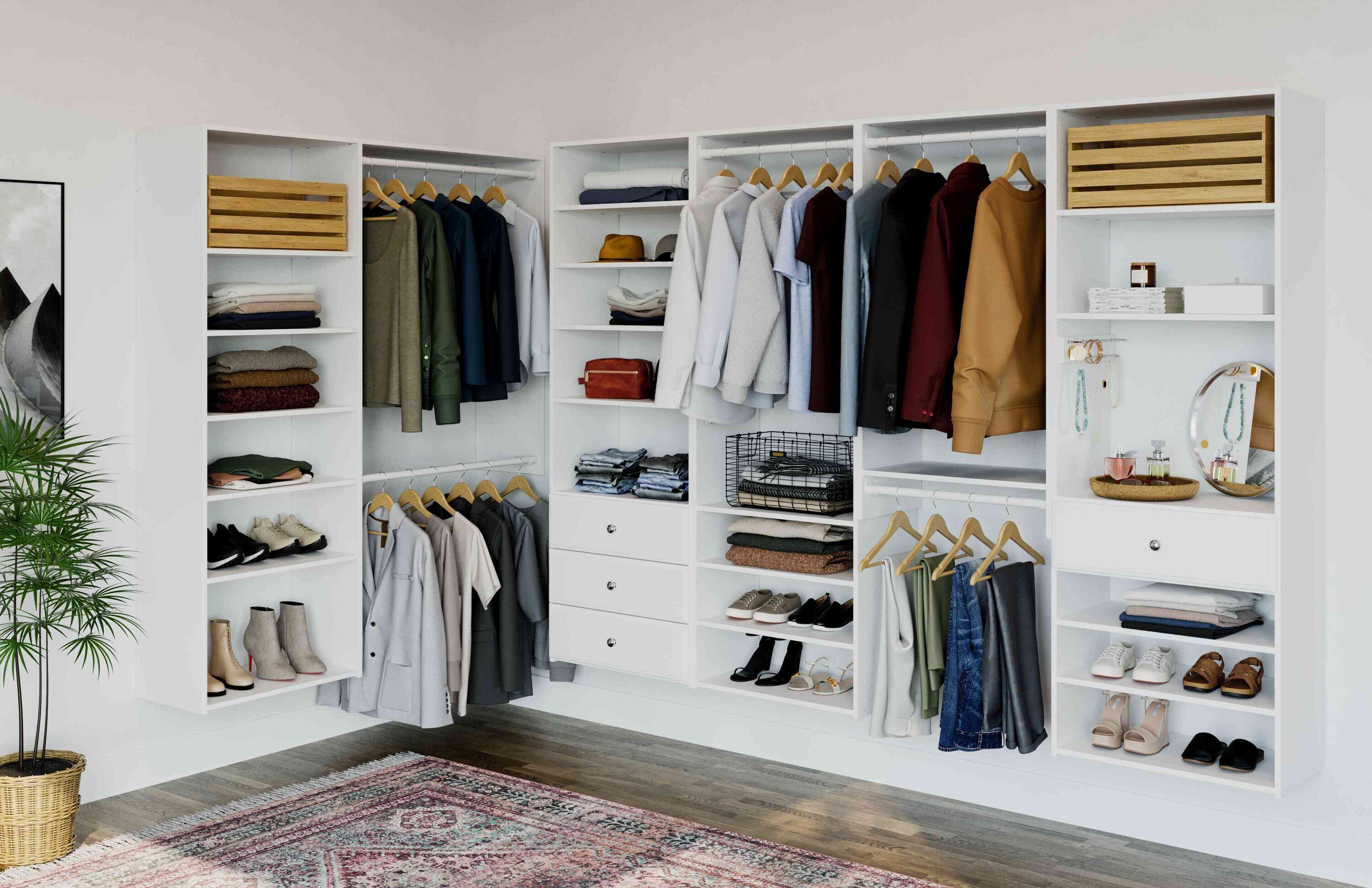 White Composite Wood Double Hanging Closet Organizer with Shelves