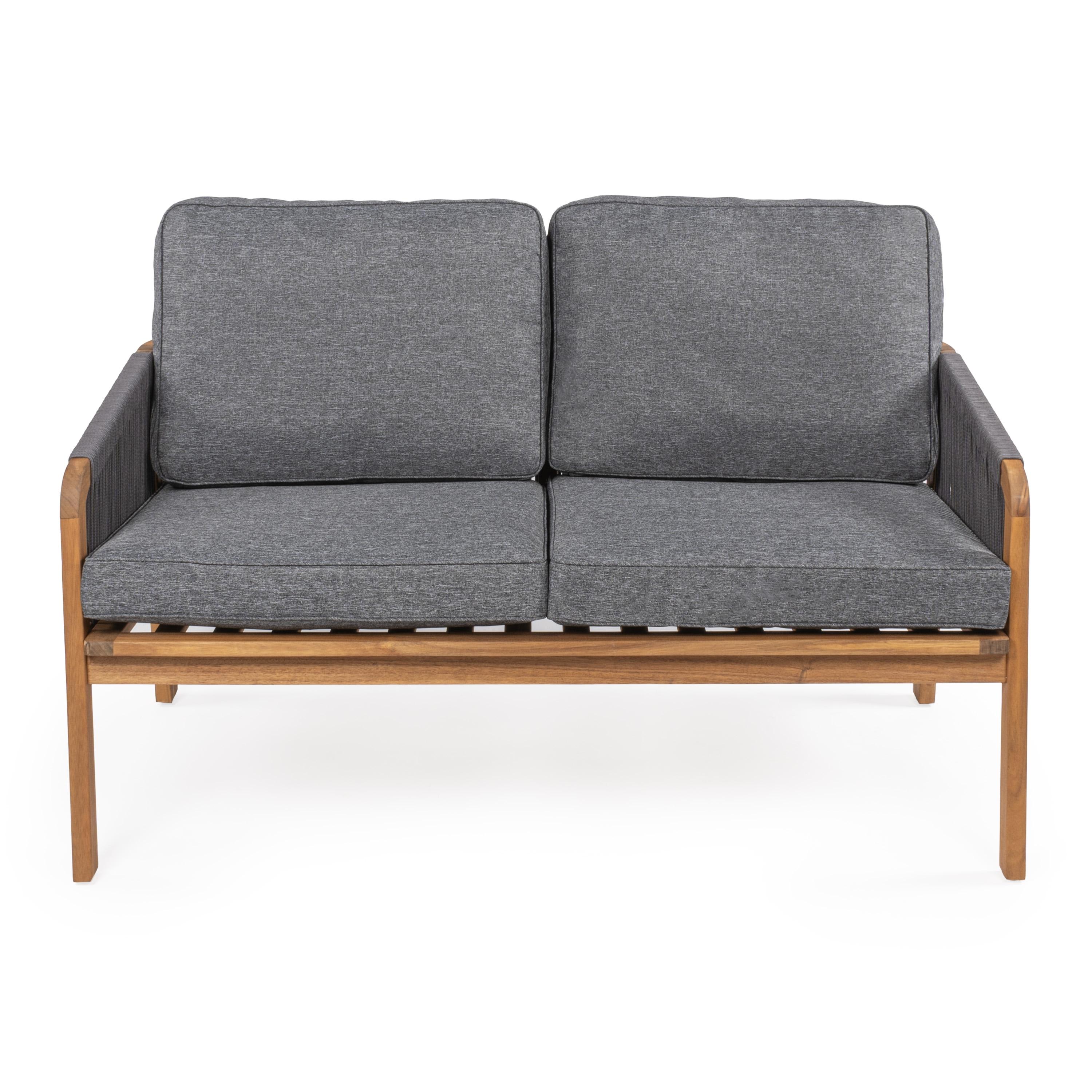 Arwen Modern Bohemian Roped Acacia Wood Outdoor Loveseat with Cushions, Gray/Teak Brown - JONATHAN Y