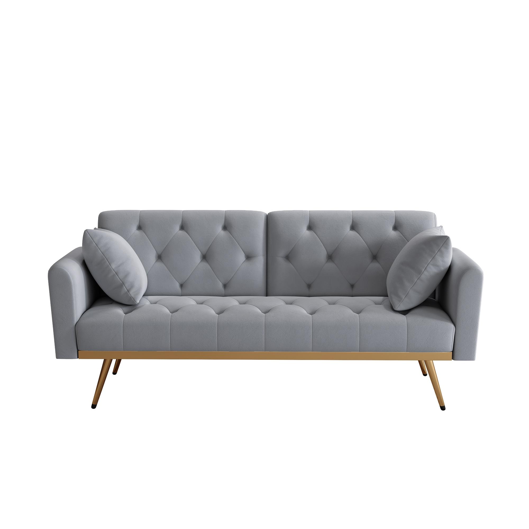 68.3" Gray Velvet Nailhead Sleeper Sofa with Throw Pillow
