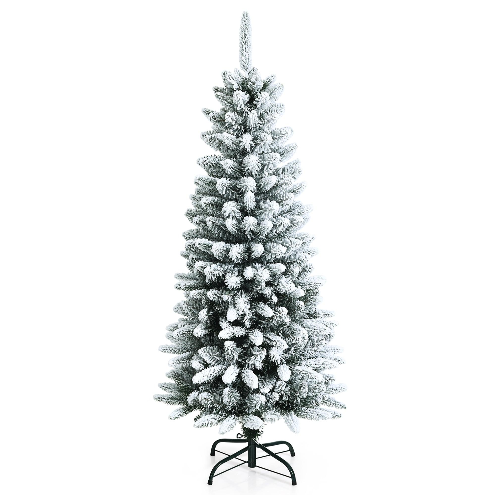 Spaco Snow-Flocked Hinged Artificial Christmas Pencil Tree with Mixed Tips, 4.5 Ft Artificial Christmas Pencil Tree, Artificial Christmas Tree for Indoor and Outdoor as Living Room, Garden, White