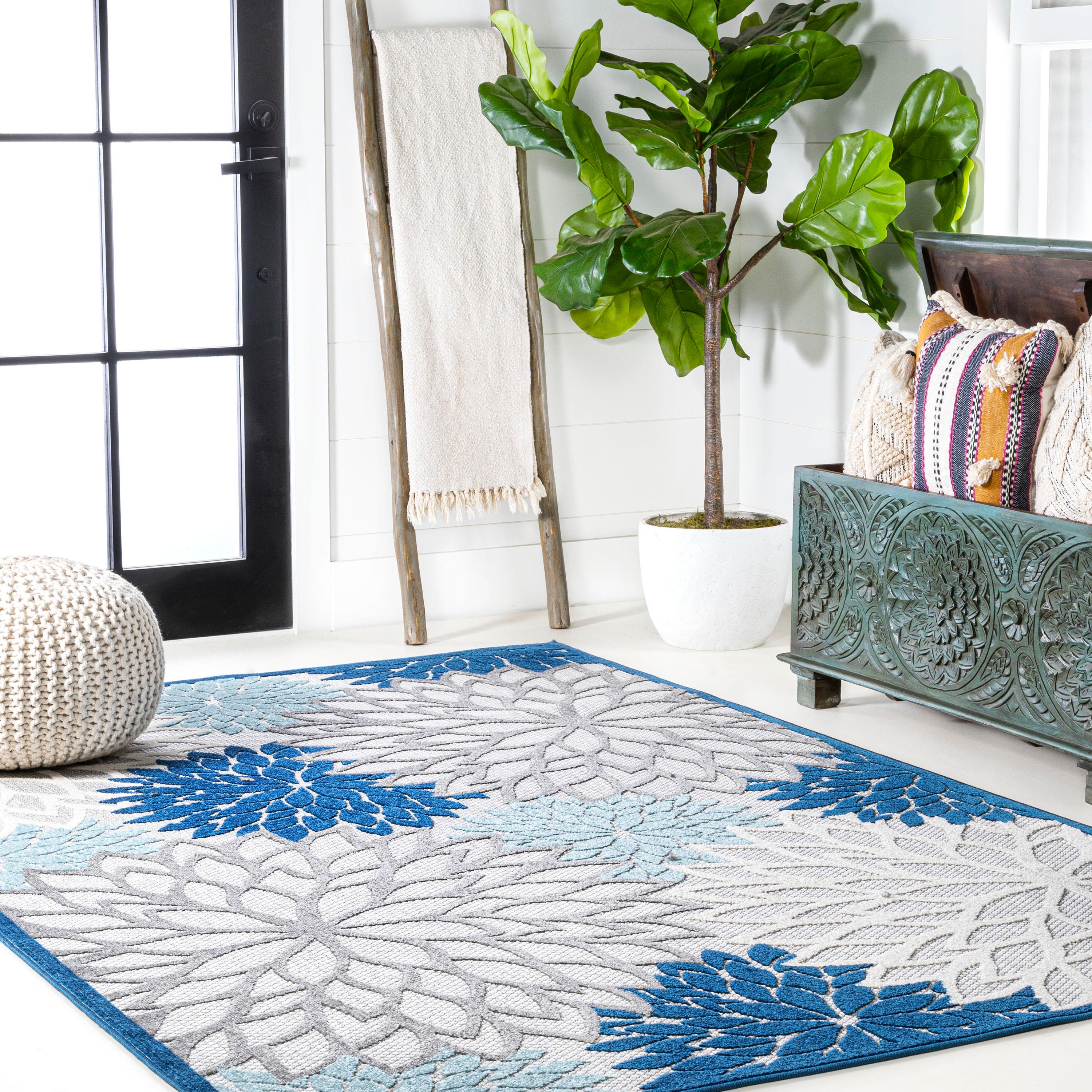3'x5' Minori Floral Indoor/Outdoor Area Rug, Blue/Gray - JONATHAN Y