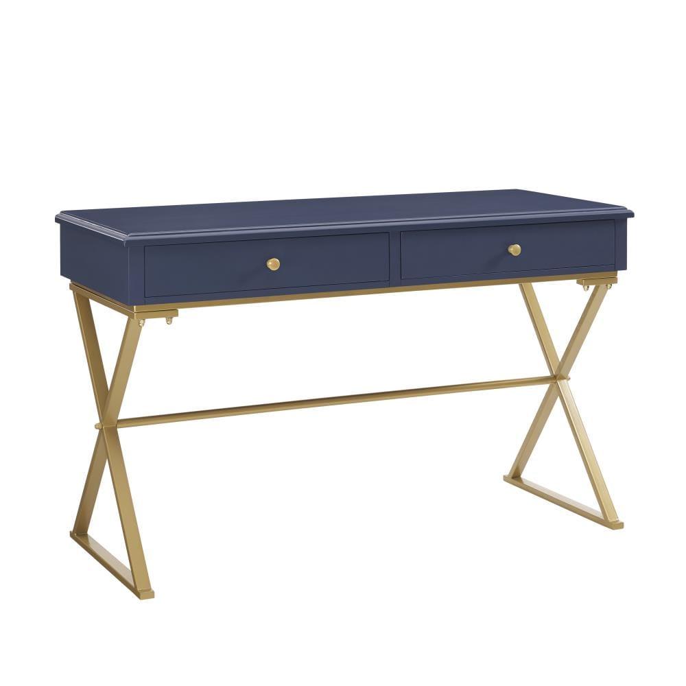 Campaign 2 Drawer Desk Blue/Gold - Linon: Matte Gold Legs, MDF, Metal Hardware