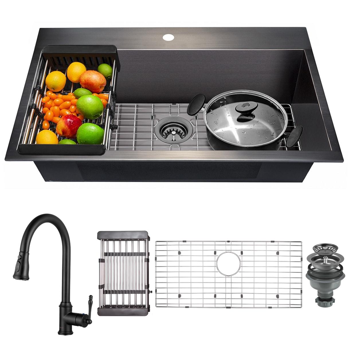 Drop-In 33-in x 22-in Gunmetal Black Stainless Steel Single Bowl 1-Hole Kitchen Sink All-in-one Kit