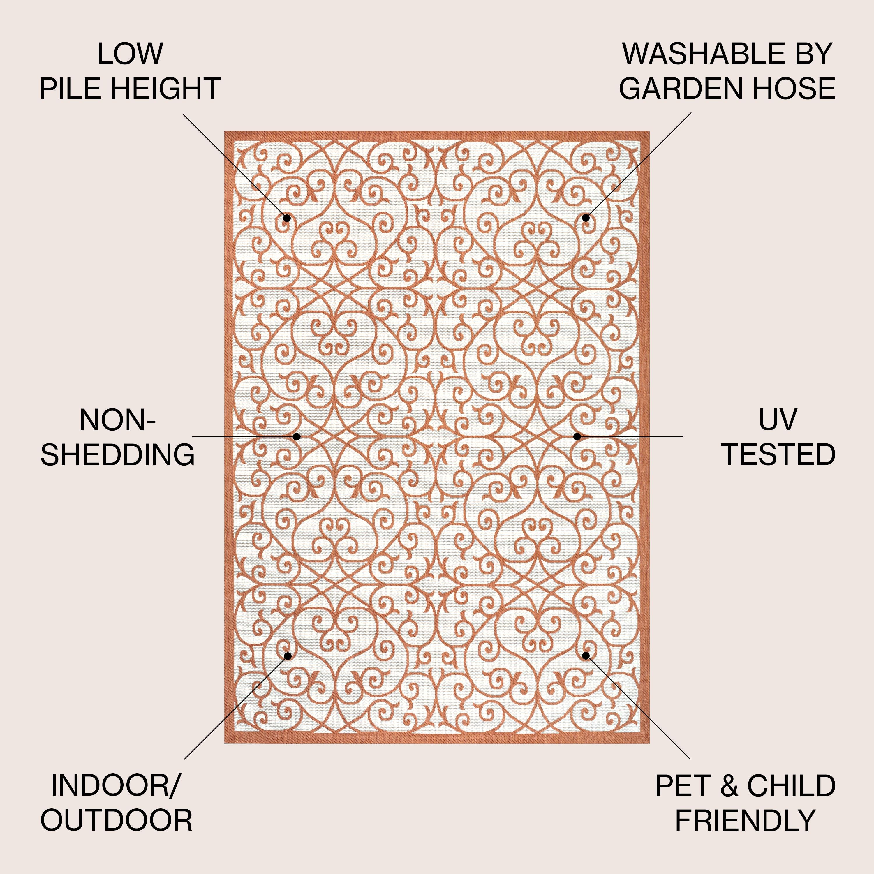 4' x 6' Madrid Vintage Filigree Textured Weave Indoor/Outdoor Area Rug, Cream/Orange - JONATHAN Y