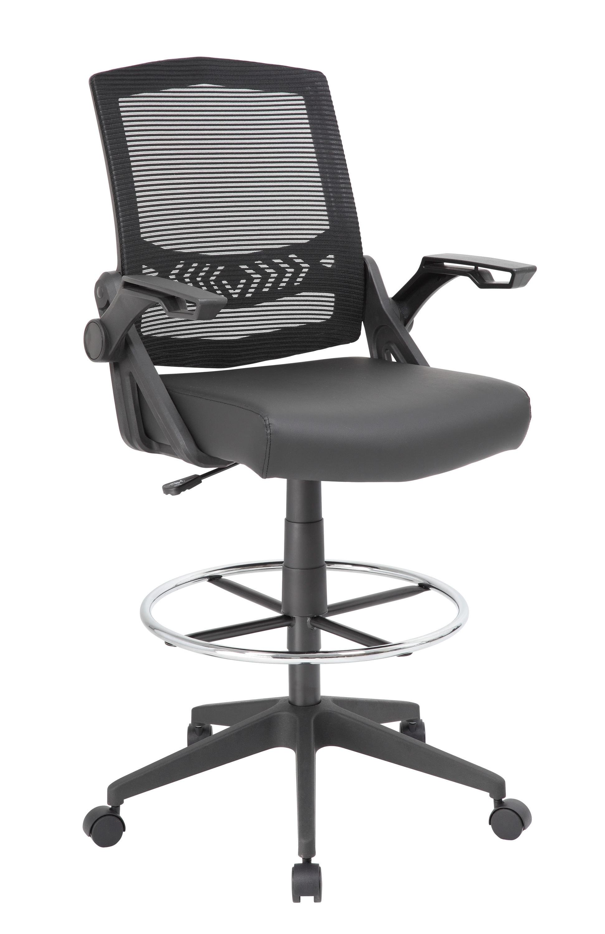 Boss Office Products Drafting Stool with Flip Arms Mesh Black: Adjustable for Tall Desks, Ergonomic Design, Nylon Frame