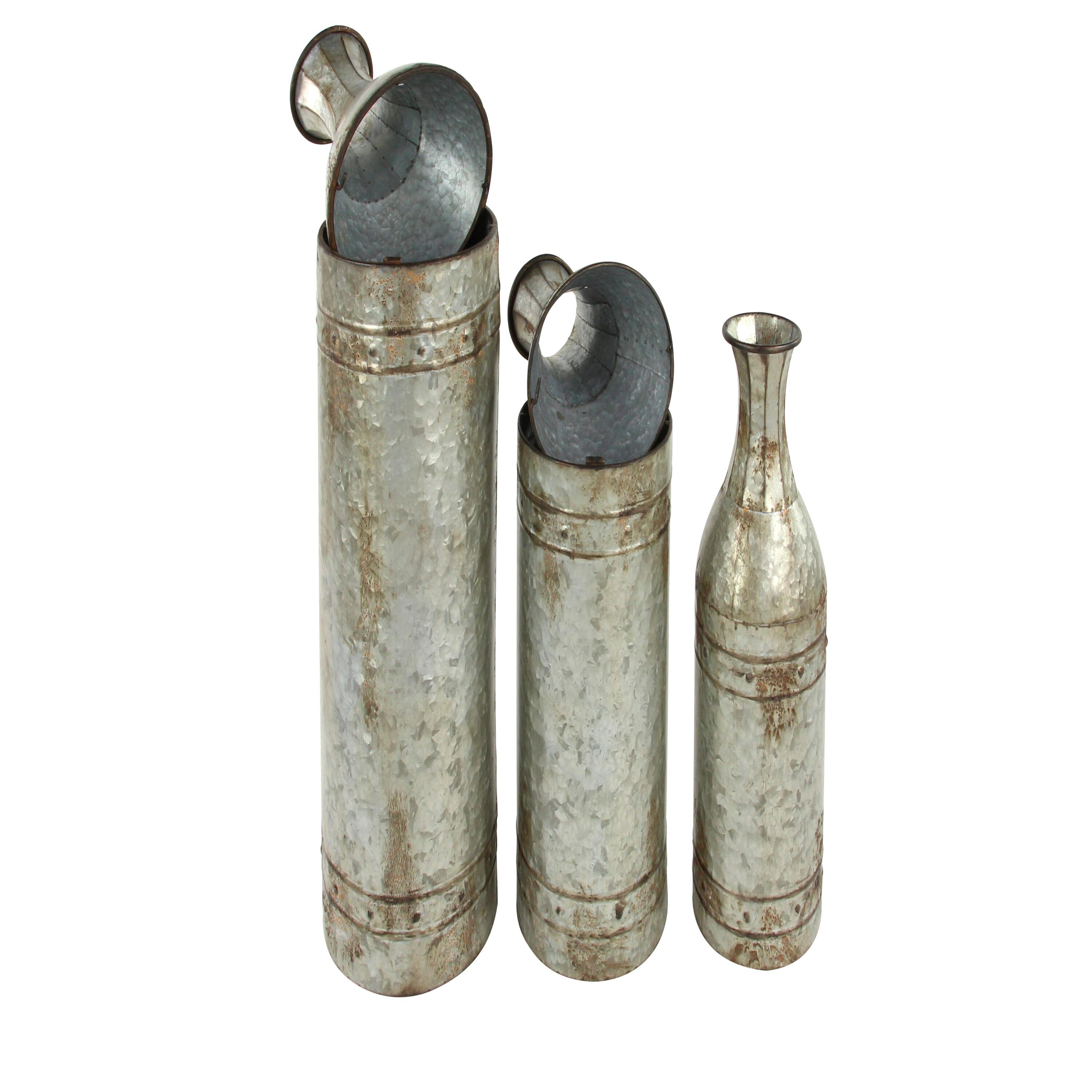 DecMode Farmhouse Cylinder Shape Extra Large Silver Distressed Metal Floor Vases, Set of 3, 43", 33", 25"H