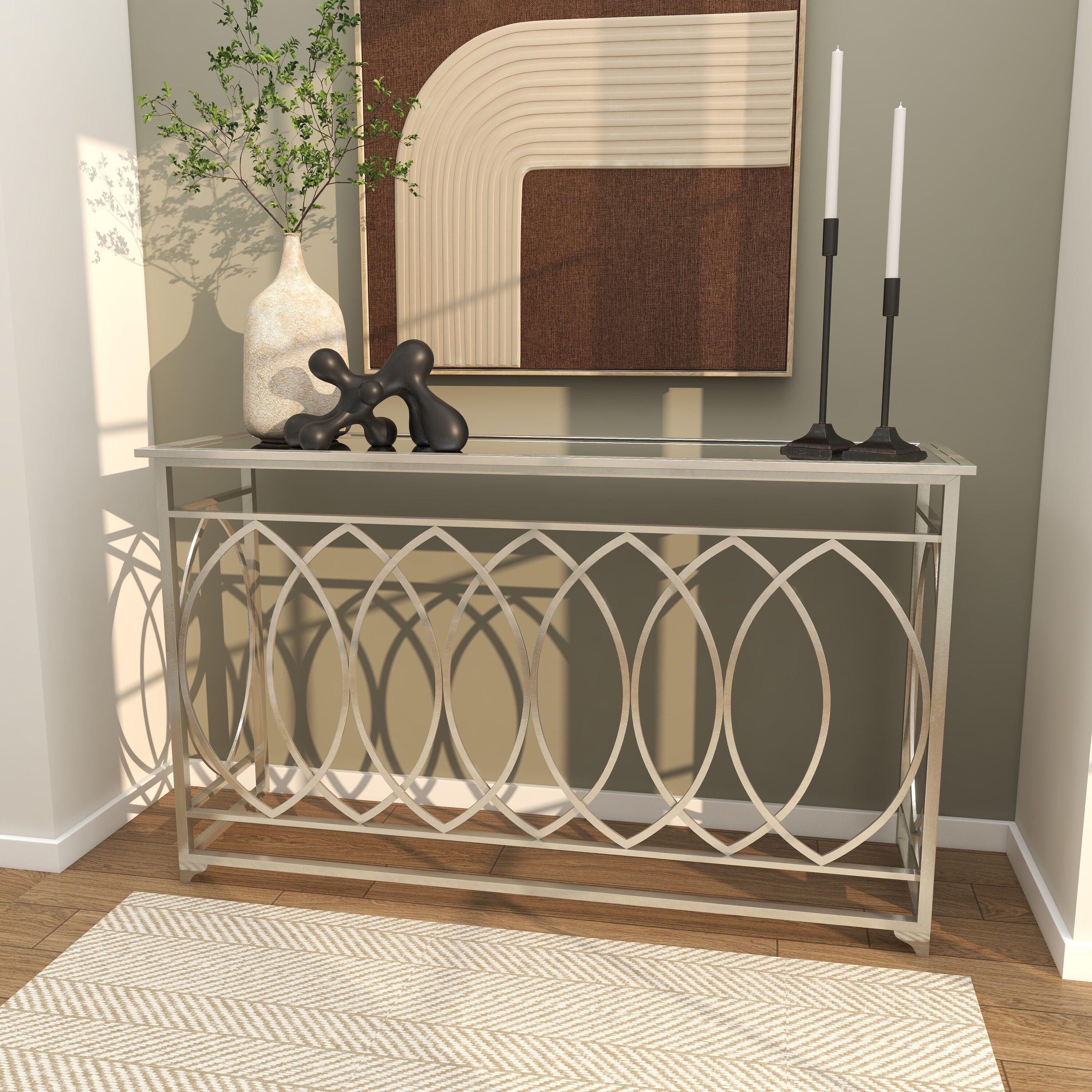 Metal Geometric Living Room Console Table with Mirrored Glass Top