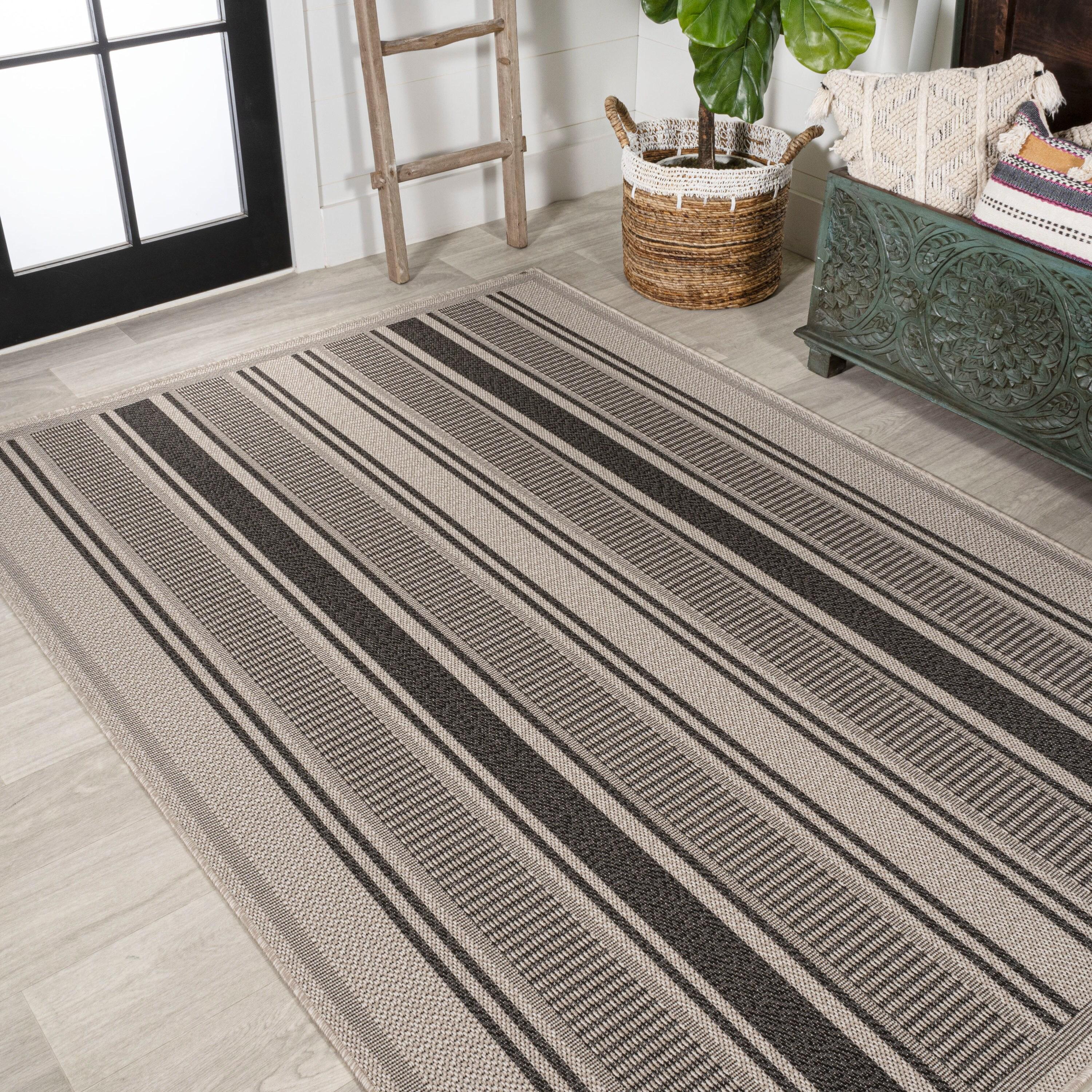 3' x 5' Haynes Modern Double Stripe Indoor/Outdoor Area Rug, Black/Beige - JONATHAN Y