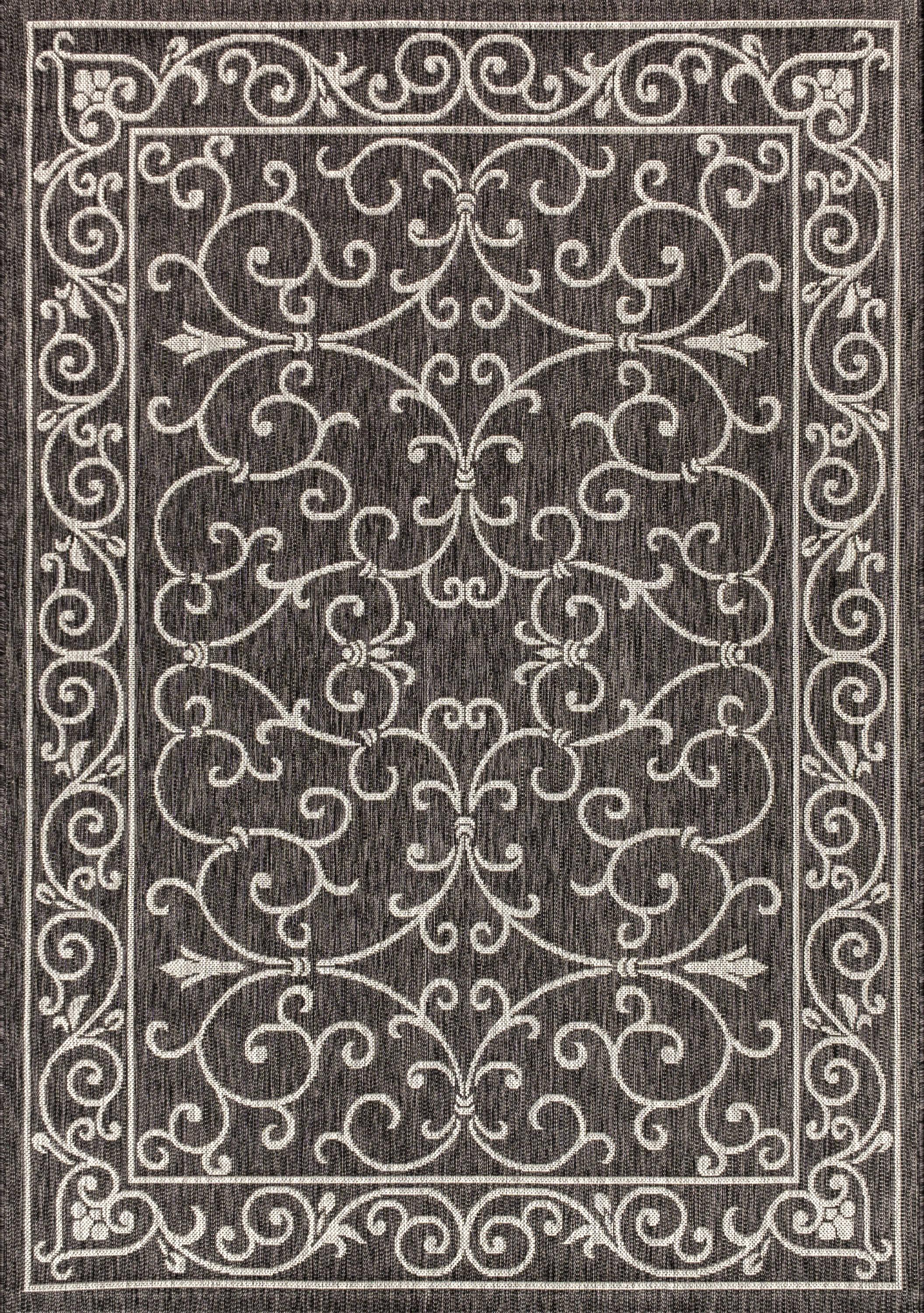 4'x6' Charleston Vintage Filigree Textured Weave Indoor/Outdoor Area Rug, Black/Gray - JONATHAN Y