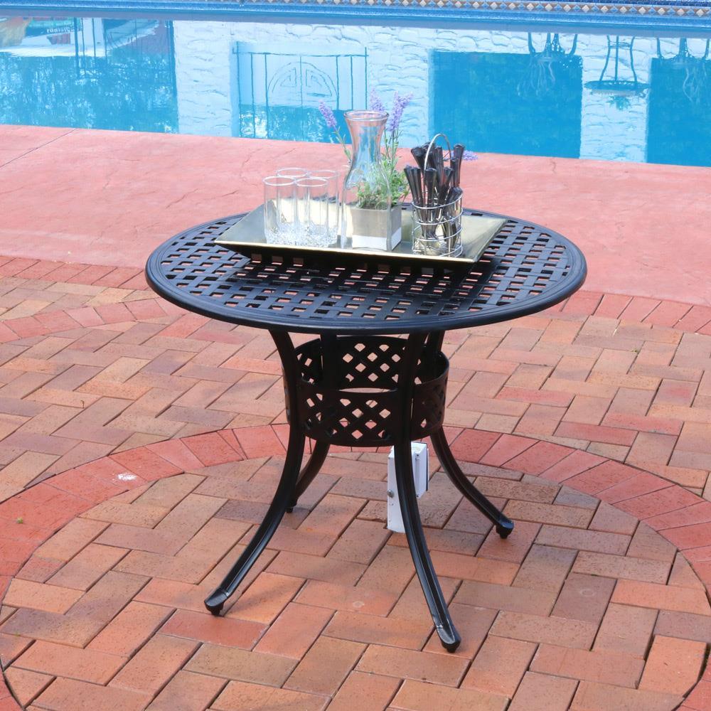 Sunnydaze Round Lattice Design Cast Aluminum Outdoor Patio Table with Umbrella Hole, Black