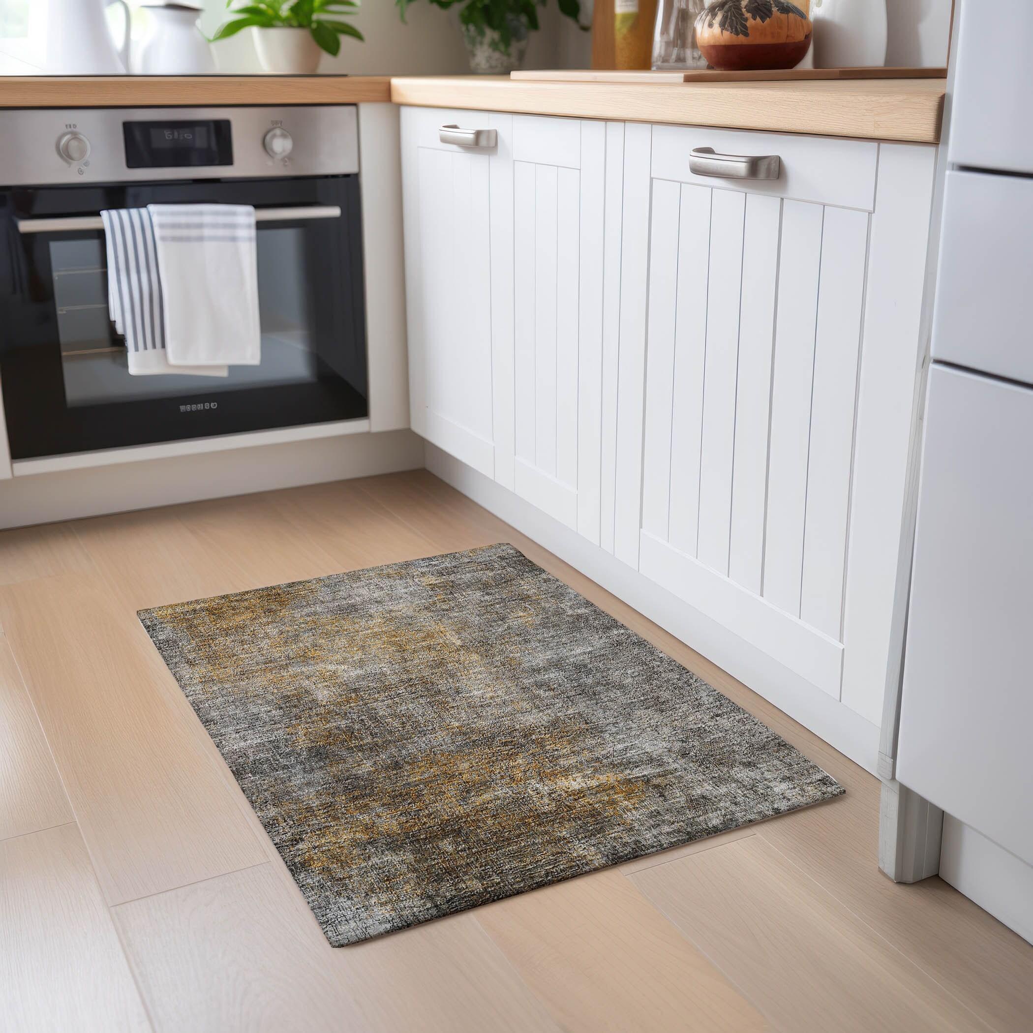 Gray and Gold Rectangular Machine Washable Area Rug