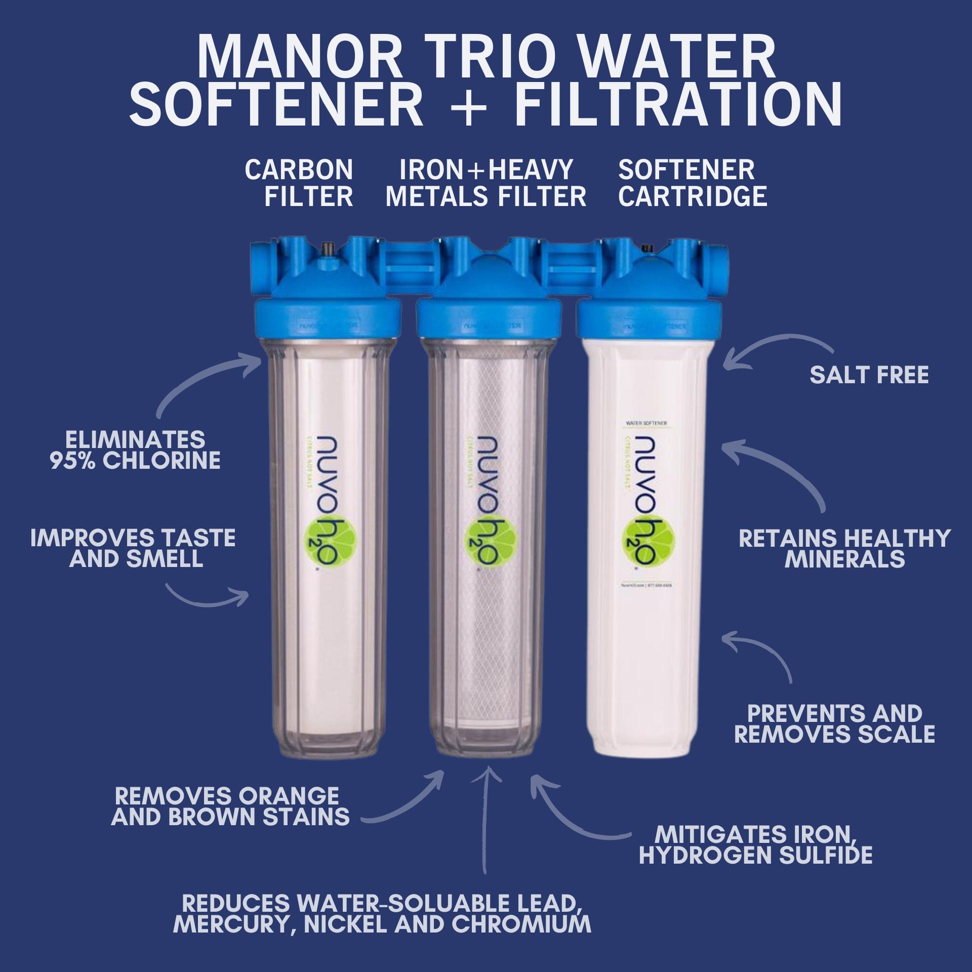 NuvoH2O Advanced 3-Stage Citrus, Salt-Free Water Filter System + Water Softener with Carbon and Iron Filtration – Healthy & Pure Water – Removes Hard Water Build Up (Whole Home Trio System)