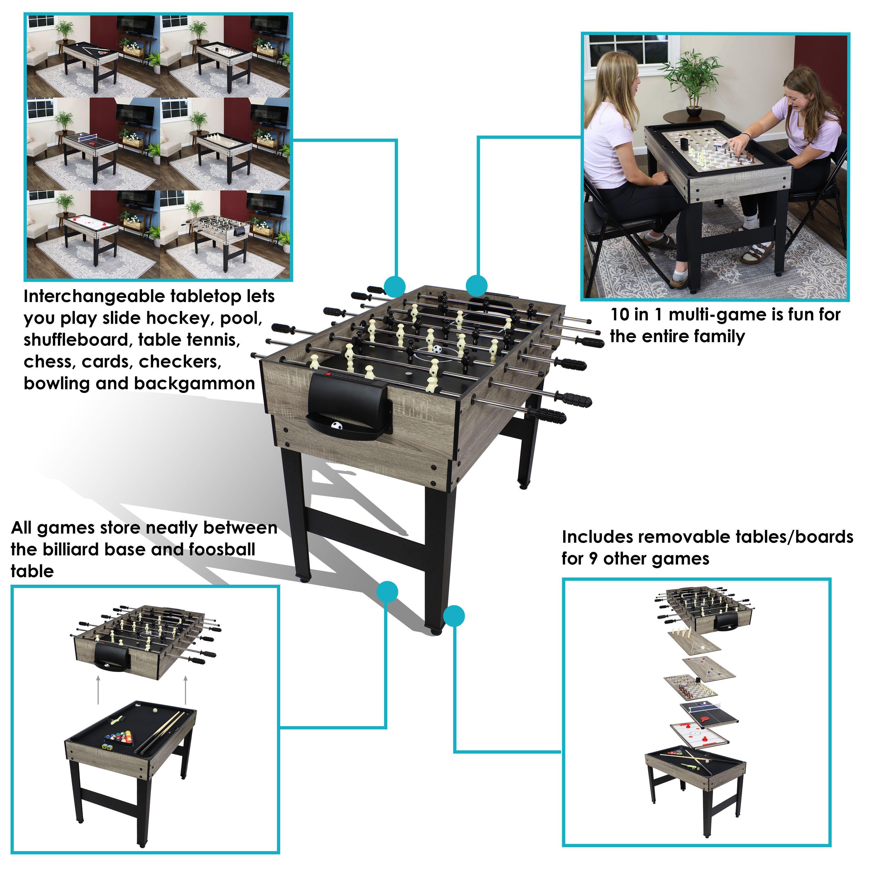 Sunnydaze Indoor Multi-Game Table with Billiards, Push Hockey, Foosball, Ping Pong, Bowling, and More - Classic Wood Stain