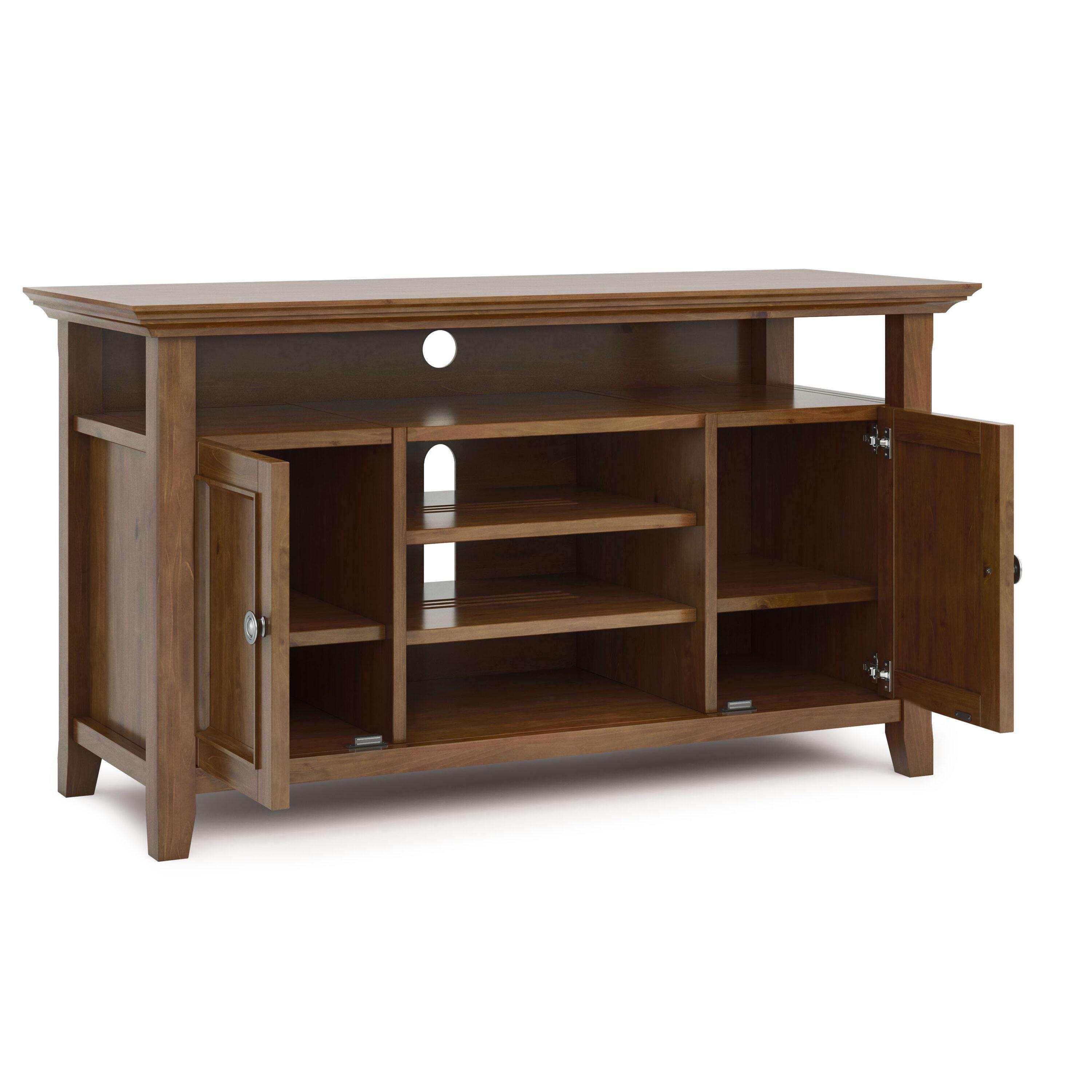 Simpli Home Amherst Wood TV Media Stand in Saddle Brown