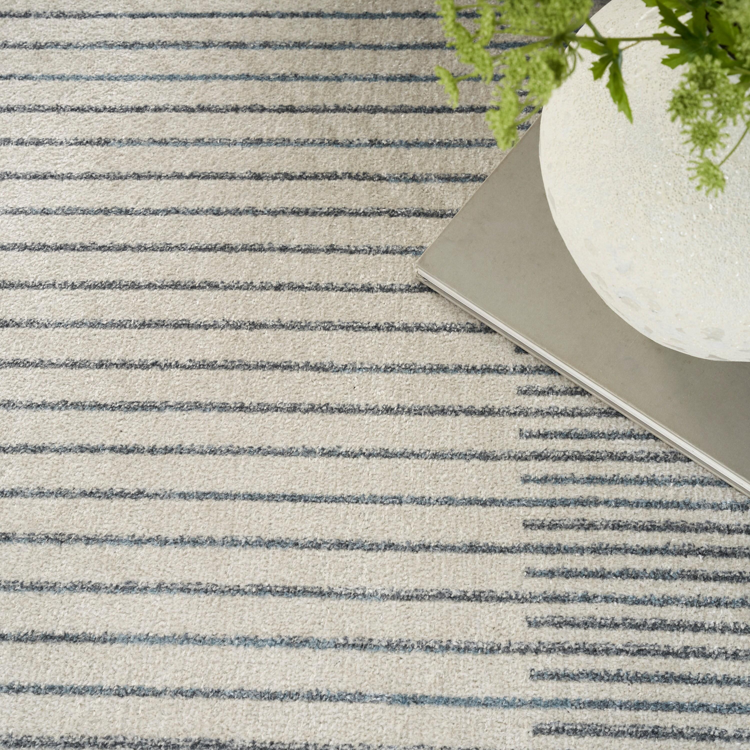 Nourison Astra Machine Washable Stripe Circle Mid-Century Modern Indoor Rug Ivory Blue 5'3" x 7'